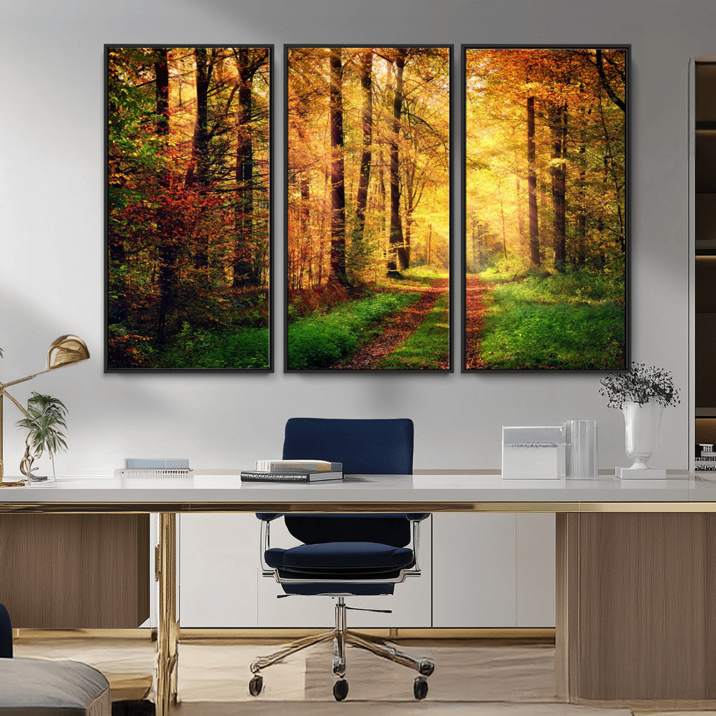 73494-MGV-CV-36X24-Golden Autumn Forest Path Wall Art – Sunlit Woodland Canvas Print, Fall Nature Landscape Home Decoration