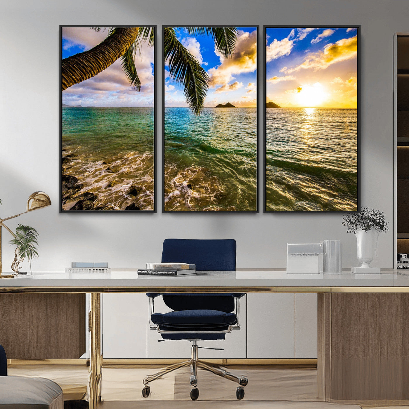 68606-MGV-CV-36X24-Tropical Palm Tree Ocean Wall Art – Sunset Beach Seascape Print, Coastal Paradise Decor for Living Room or Office