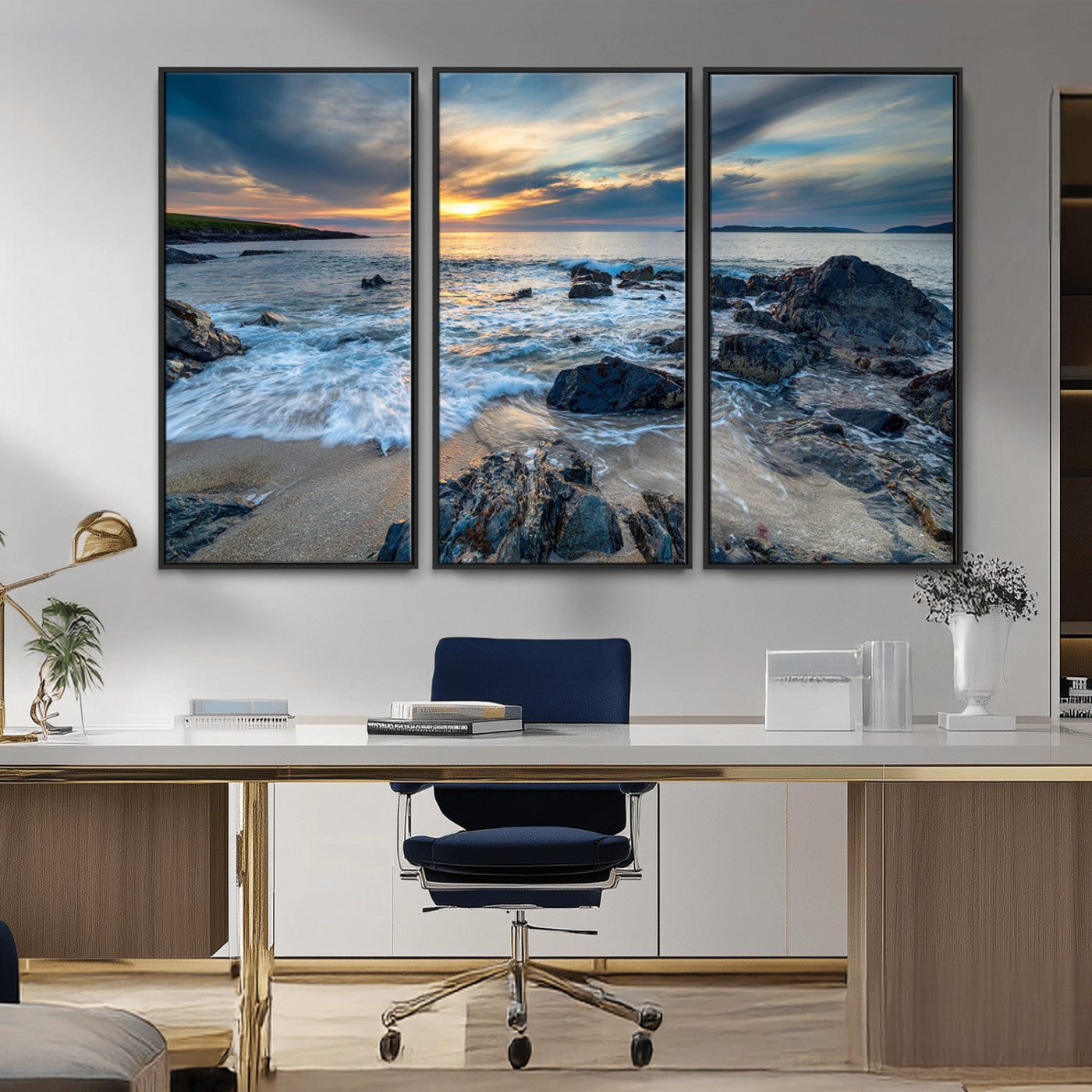 17902-MGV-CV-36X24-Rocky Shore Ocean Sunset Wall Art – Coastal Seascape Canvas Print, Nature Beach Decor for Living Room or Office