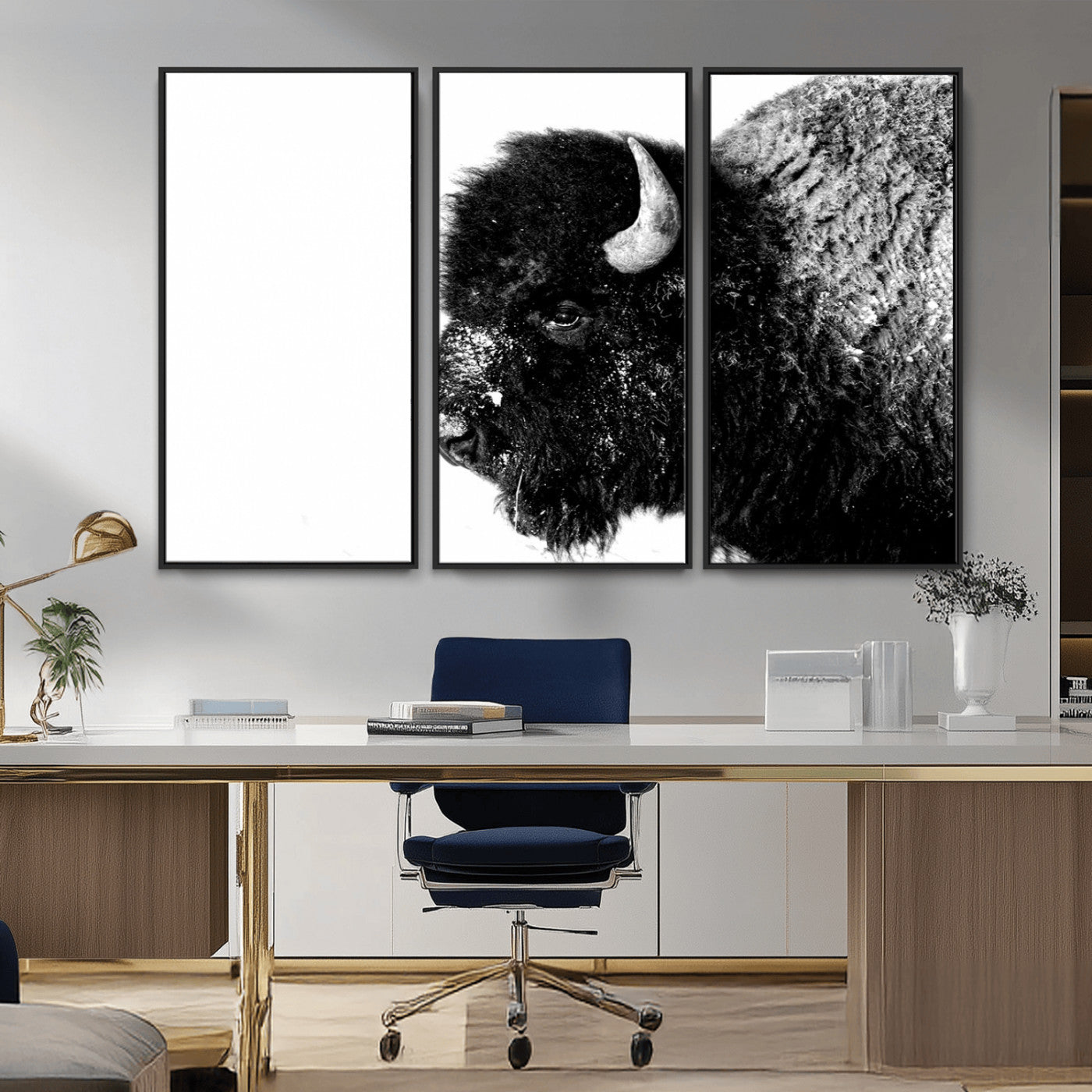 68780-MGV-FC-48X32-3P_Black-Bison Close-Up Wall Art – Black and White Buffalo Canvas Print, Rustic Wildlife Photography Decor for Living Room, Office, or
