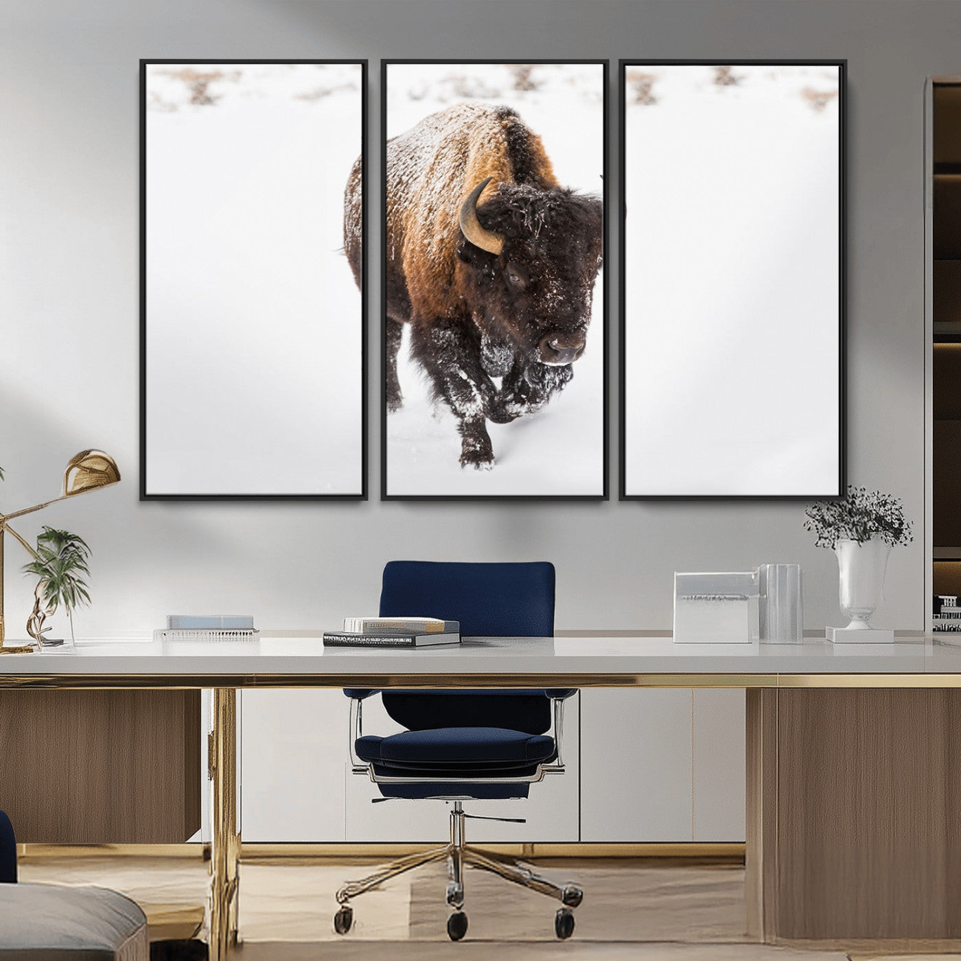19889-MGV-CV-36X24-Snow Bison Wall Art – Majestic Buffalo Winter Landscape Canvas Print, Rustic Wildlife Photography Decor for Cabin, Lodge, Living