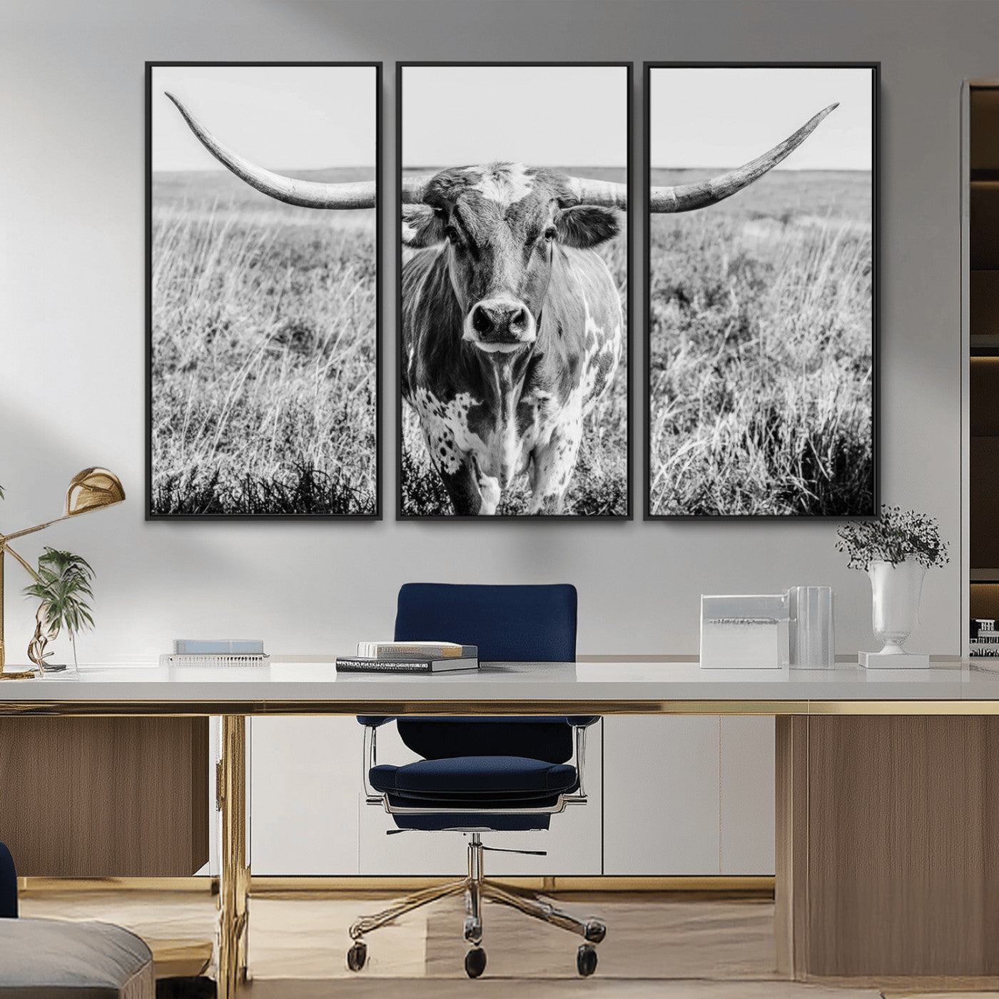 77320-MGV-CV-36X24-Texas Longhorn Wall Art – Black and White Western Cattle Canvas Print, Rustic Farmhouse Animal Photography Decor for Living Room,