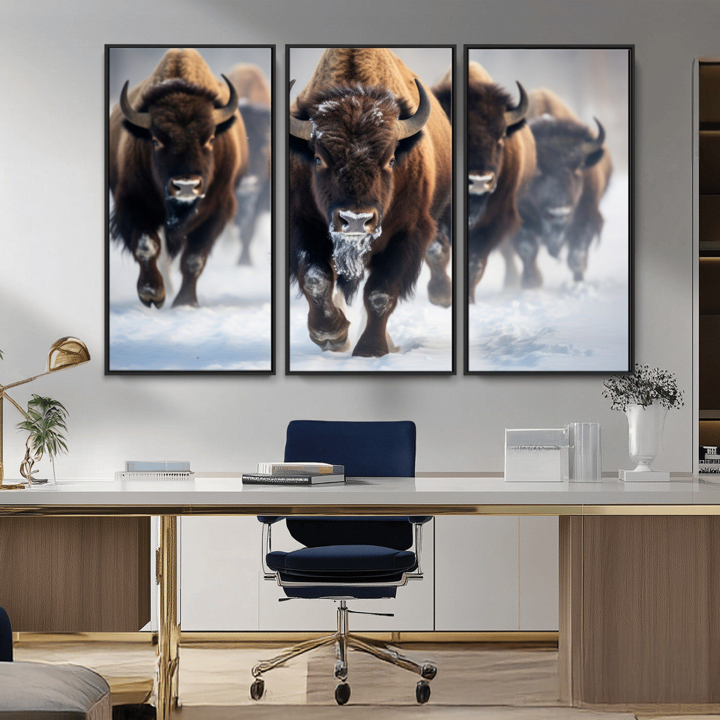 80512-MGV-CV-36X24-Bison Herd Wall Art – Buffalo Running in Snow Canvas Print, Rustic Wildlife Photography Decor for Cabin, Lodge, or Living Room