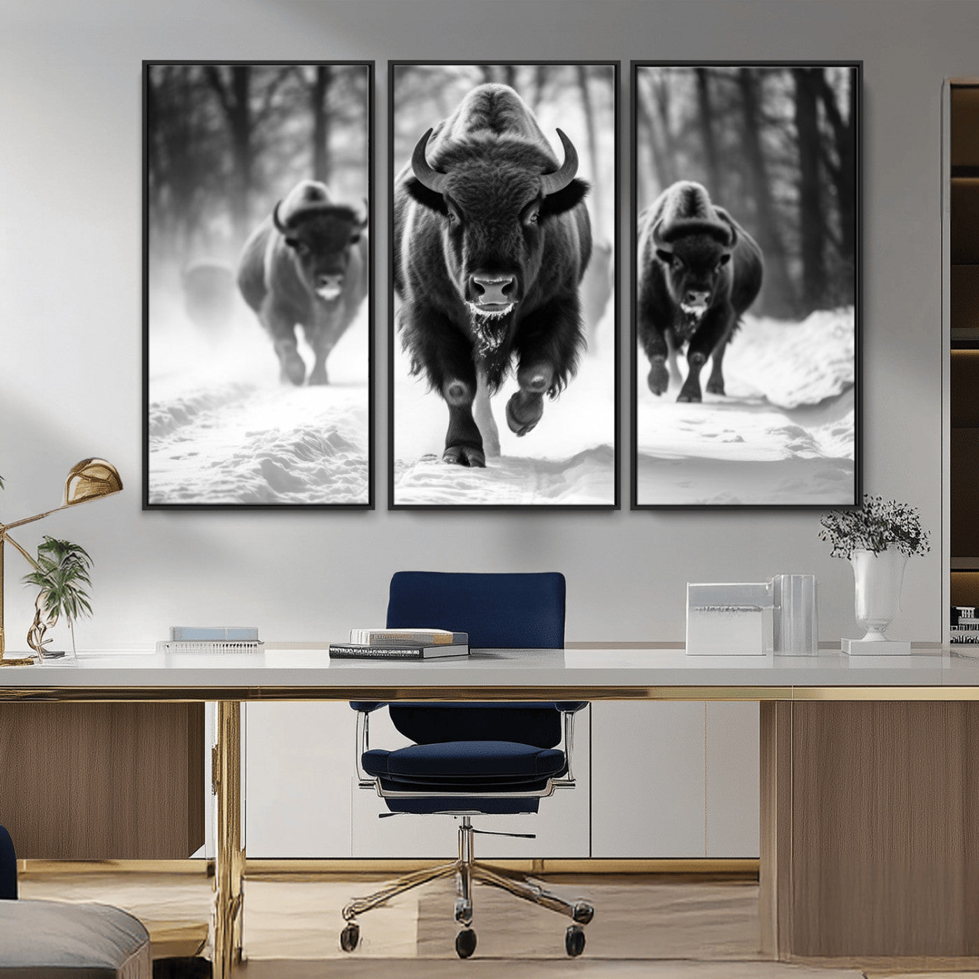 97552-MGV-CV-36X24-Black and White Bison Wall Art – Buffalo Herd Running in Snow Canvas Print, Rustic Wildlife Photography Decor for Cabin, Lodge, or
