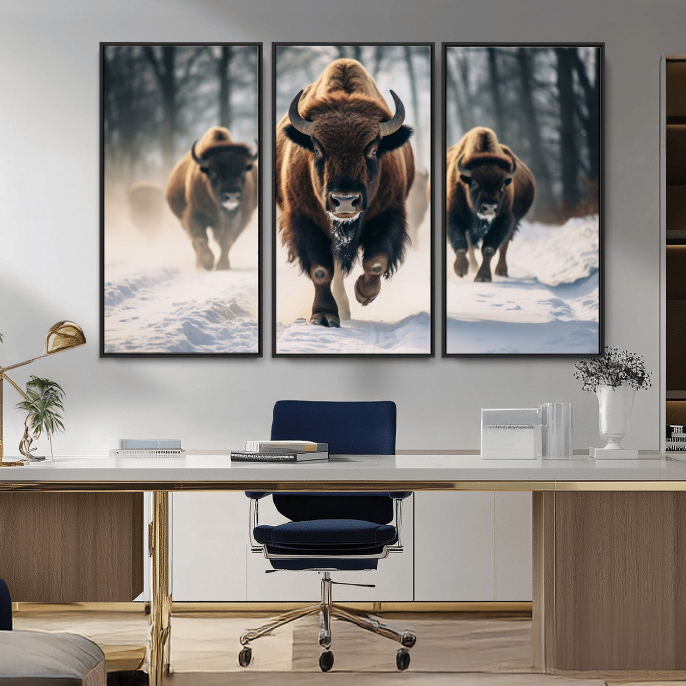 56549-MGV-CV-36X24-Wild Bison Wall Art – Majestic Buffalo Herd Running in Snow Canvas Print, Rustic Wildlife Photography Decor for Cabin, Lodge, or
