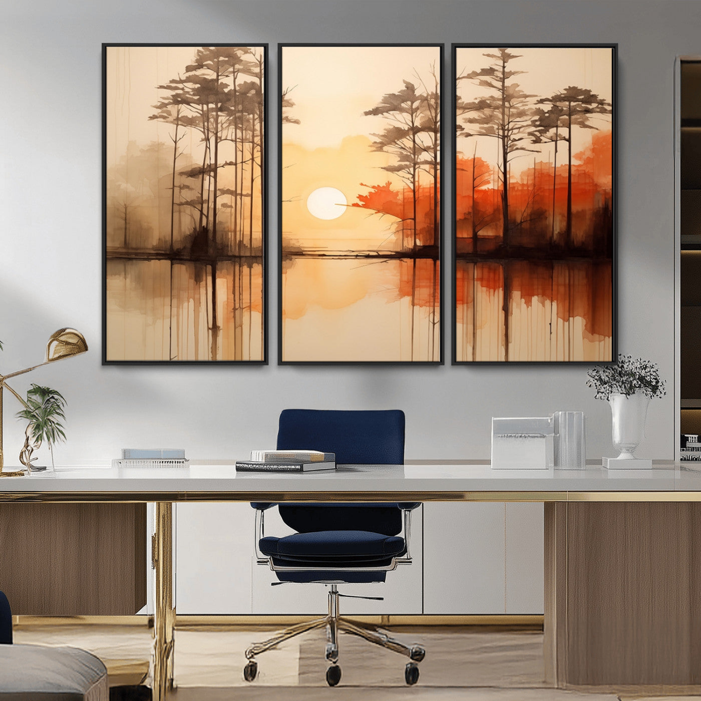 51083-MGV-FC-48X32-3P_Black-Sunset Lake Forest Wall Art – Serene Trees and Orange Sky Reflection Canvas Print, Tranquil Nature Decor for Living Room, Office