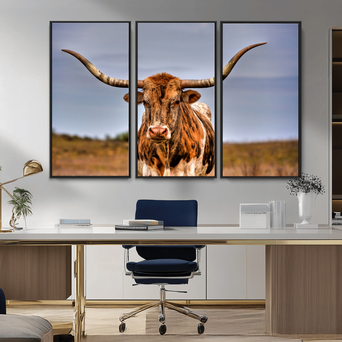 18594-MGV-FC-48X32-3P_Black-Texas Longhorn Bull Wall Art – Rustic Western Cattle Canvas Print, Country Farmhouse Decor for Living Room, Office or Cabin