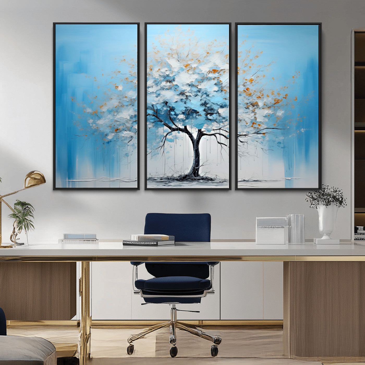 25021-MGV-CV-36X24-Abstract Tree Wall Art – Blue and White Canvas Painting with Gold Accents, Modern Nature-Inspired Artwork for Living Room, Bedroom