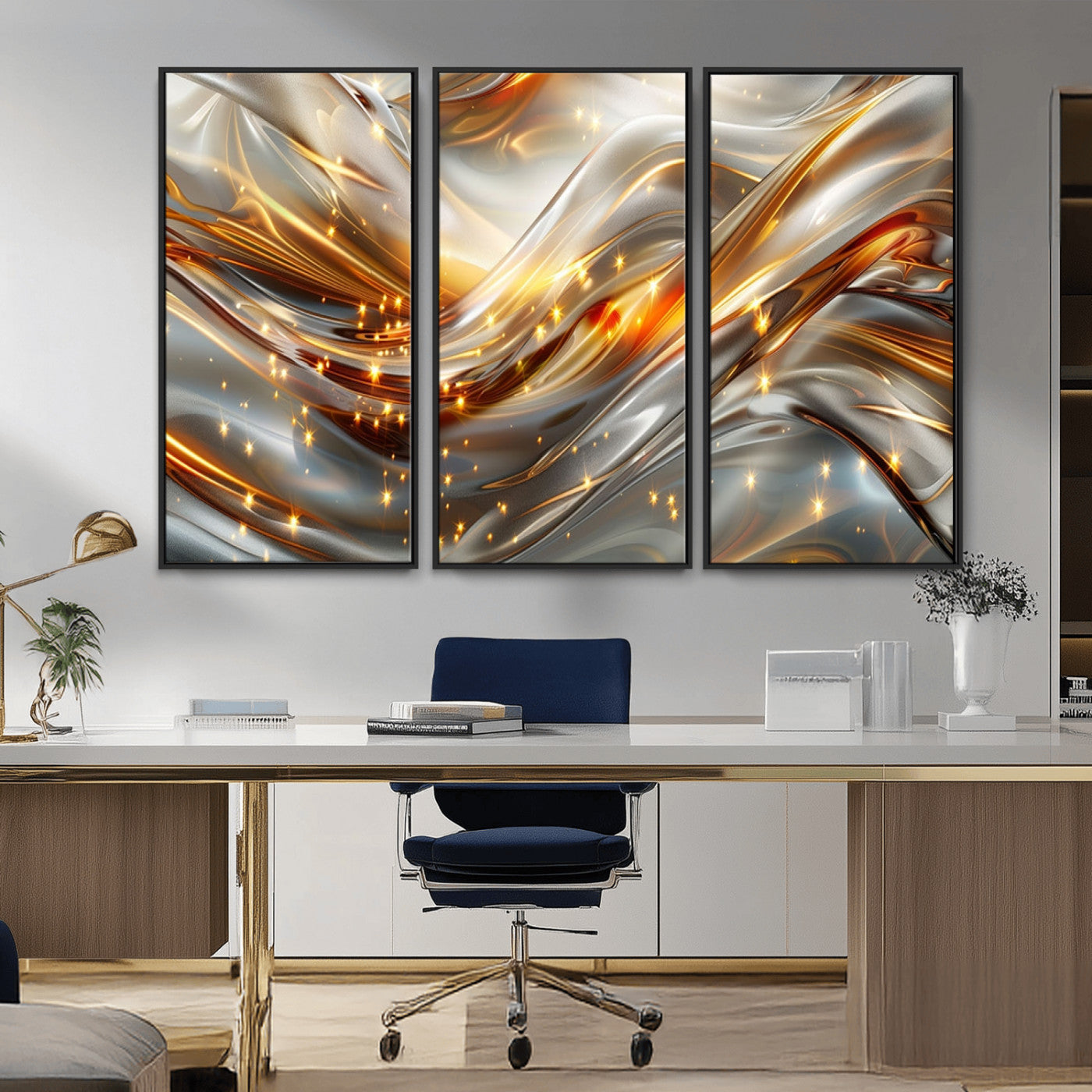 Lines1-MGV-CV-36X24-Abstract Metallic Wall Art – Silver and Gold Wave Canvas Print with Sparkling Accents, Modern Luxury Decor for Living Room, Office