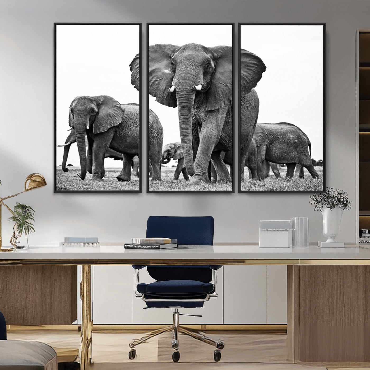 91685-MGV-CV-36X24-Elephant Herd Wall Art – Black and White Safari Canvas Print, African Wildlife Photography Decor for Living Room, Office or