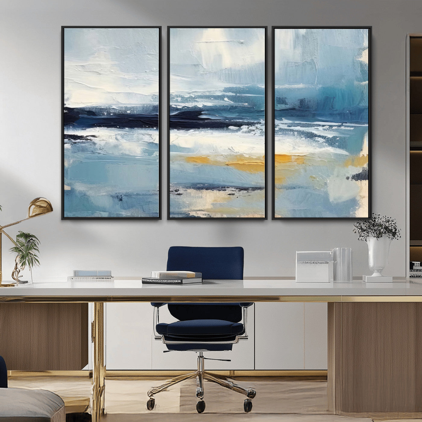 19746-MGV-CV-36X24-Abstract Ocean Wall Art – Modern Coastal Canvas Print with Blue, White and Gold Textures, Contemporary Seascape Painting for