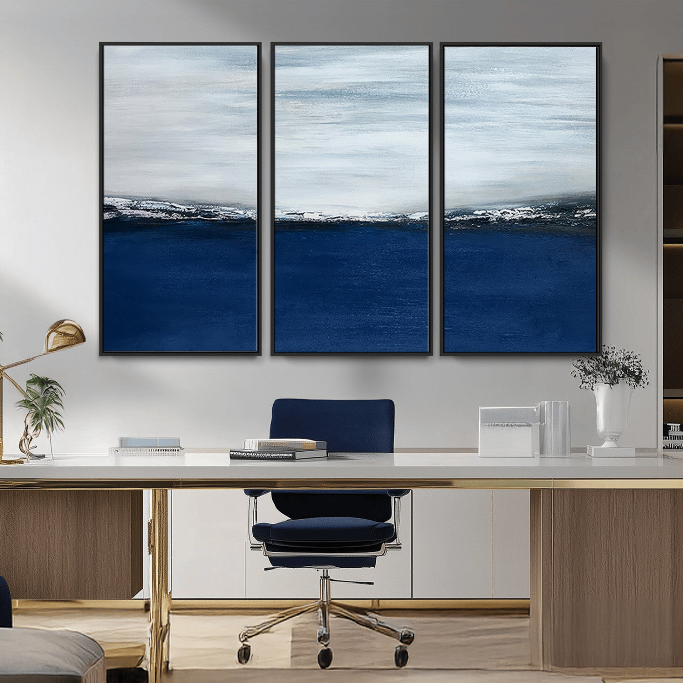 62197-MGV-CV-36X24-Abstract Ocean Wall Art – Minimalist Blue and White Canvas Print, Modern Coastal Seascape Painting for Bedroom, Living Room or