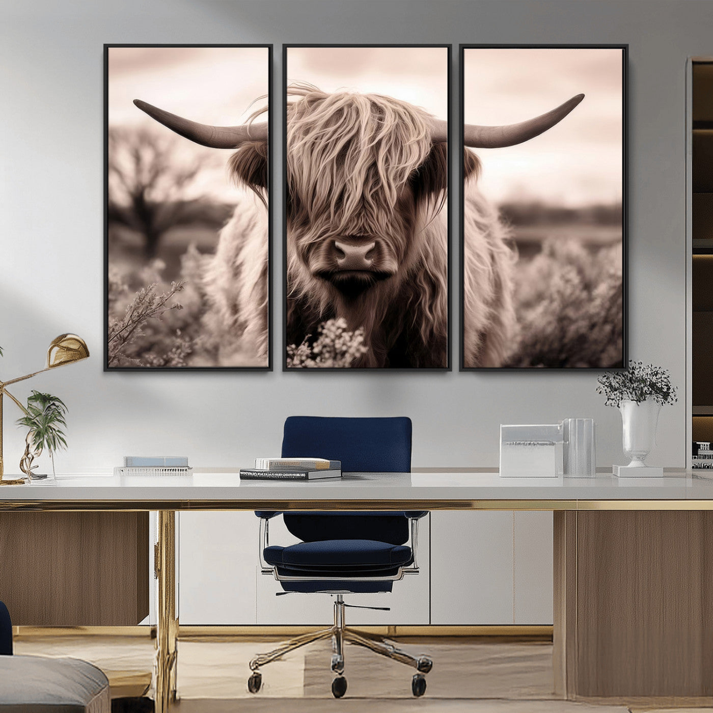 55903-MGV-CV-36X24-Highland Cow Wall Art – Rustic Sepia Scottish Highland Bull Canvas Print, Farmhouse Country Animal Decor for Living Room, Bedroom