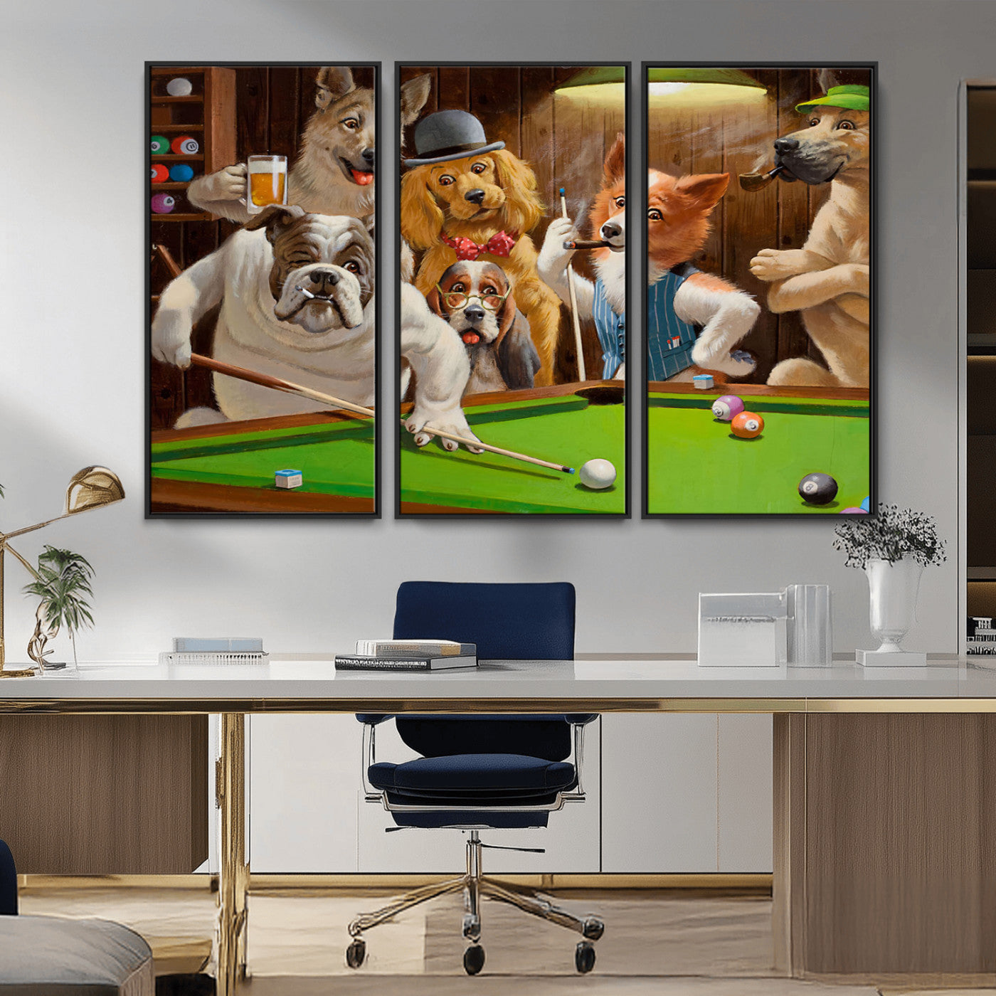 34228-MGV-CV-36X24-Dogs Playing Pool Wall Art Canvas Print, Framed Funny Dog Art Picture Print, Dog Perfect Game Room Decor Artwork