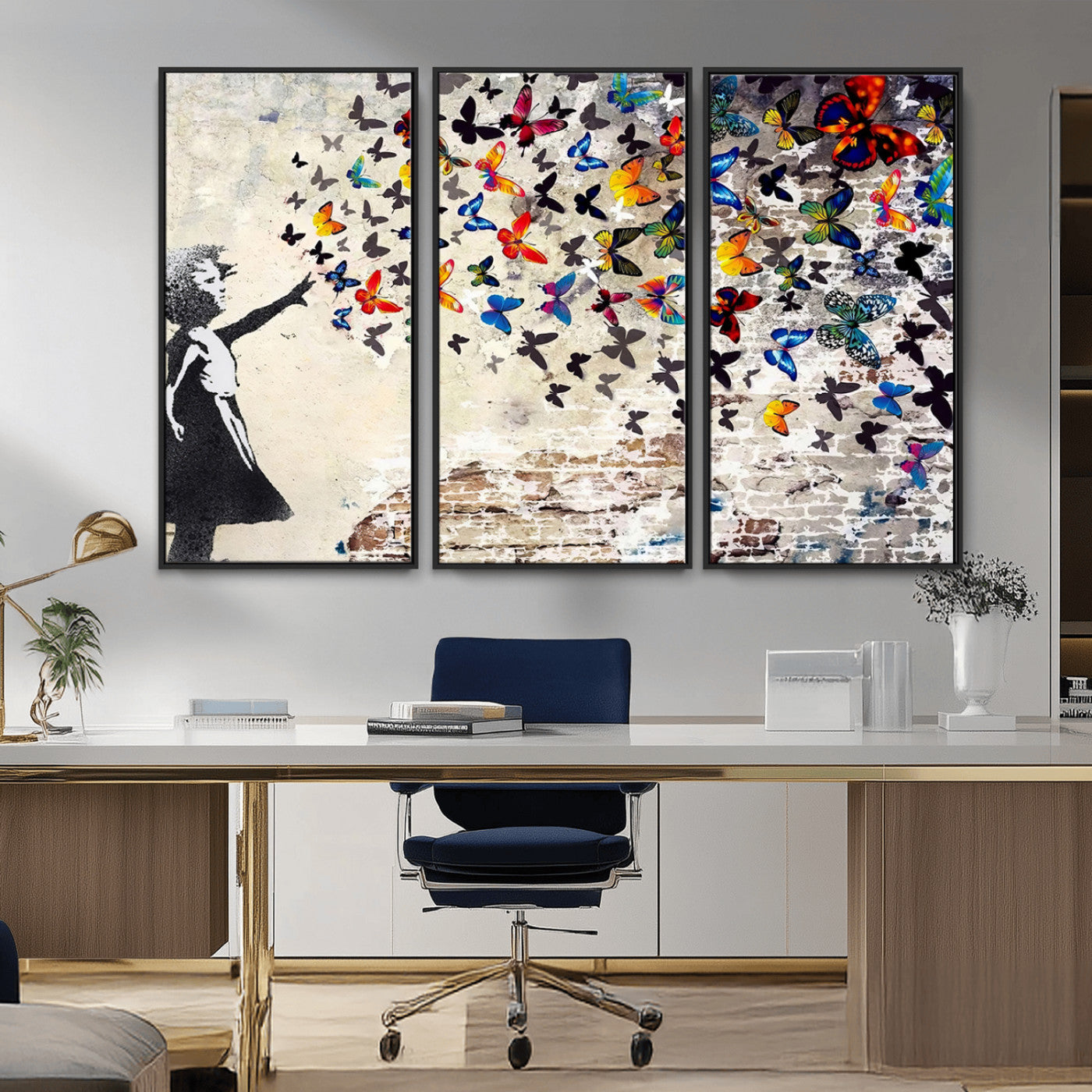 97895-MGV-CV-36X24-Girl with Butterflies Wall Art – Colorful Street Art Style Canvas Print, Modern Graffiti-Inspired Butterfly Artwork for Living