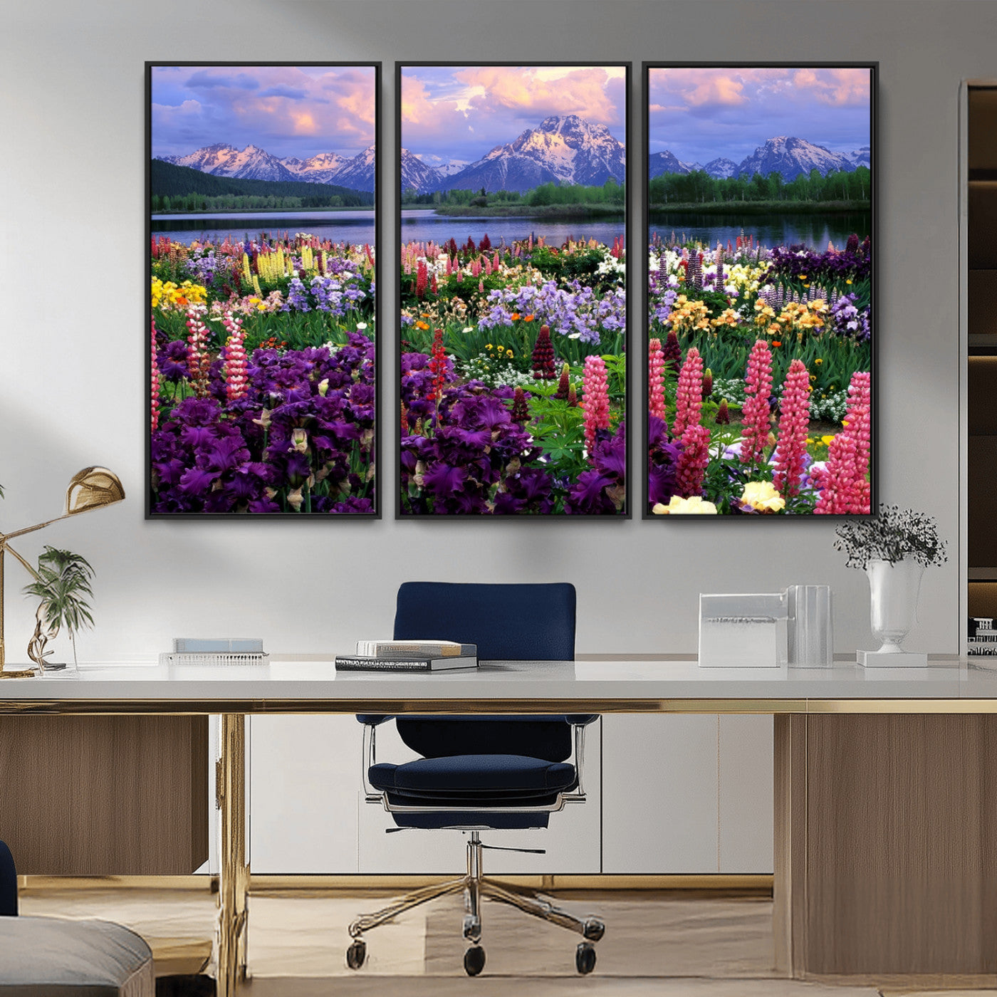 82270-MGV-CV-36X24-Colorful Wildflower Meadow Landscape Wall Art – Snow-Capped Mountain Lake Sunset Print, Vibrant Nature Artwork for Living Room,
