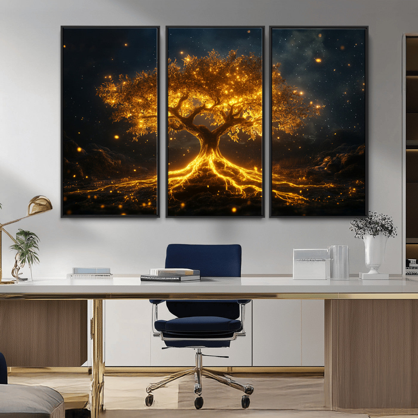 60194-MGV-CV-36X24-Glowing Tree Wall Art – Golden Roots Fantasy Canvas Print, Mystical Illuminated Tree Painting Poster for Living Room, Bedroom,