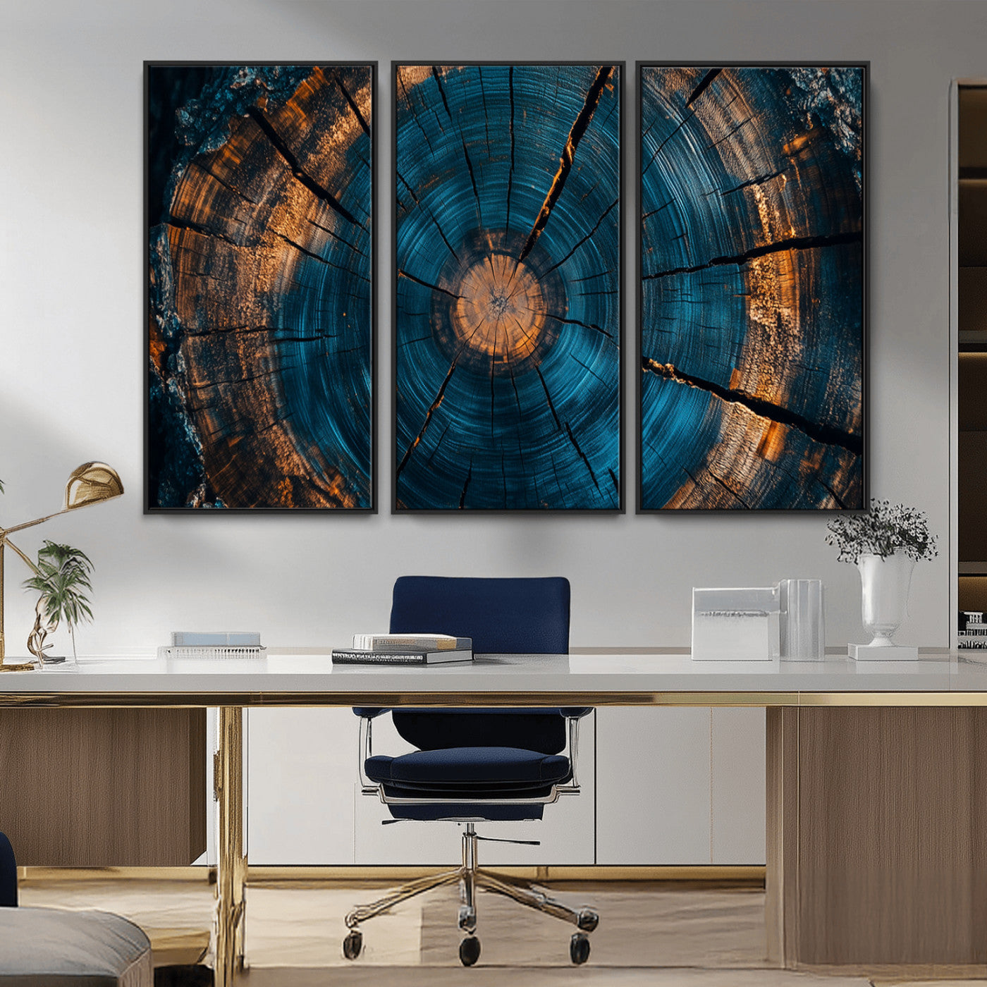 65231-MGV-CV-36X24-Blue and Gold Tree Ring Wall Art – Rustic Abstract Wood Slice Canvas Print, Modern Nature Inspired Artwork for Living Room,