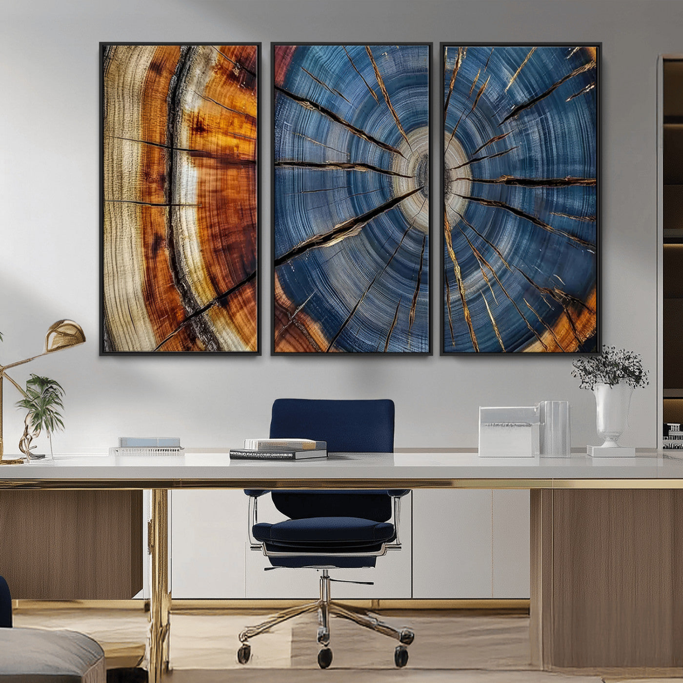 10583-MGV-CV-36X24-Tree Ring Wall Art – Abstract Wood Grain Canvas Print with Blue and Brown Tones, Nature Inspired Rustic Artwork for Living Room,