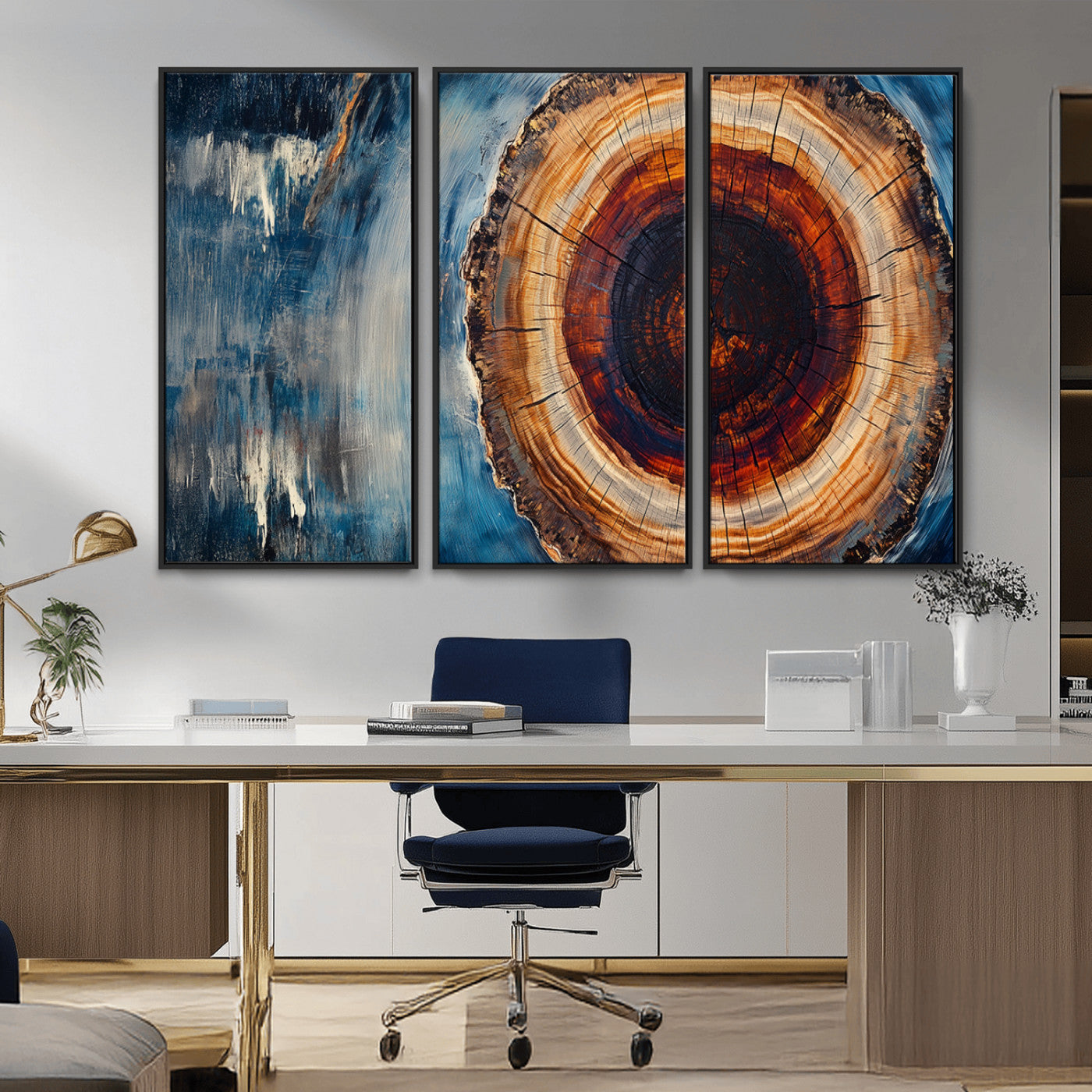 48045-MGV-FC-48X32-3P_Black-Tree Ring Abstract Wall Art – Rustic Wood Grain Canvas Print with Brown Center and Blue Brush Strokes, Nature Inspired Artwork for