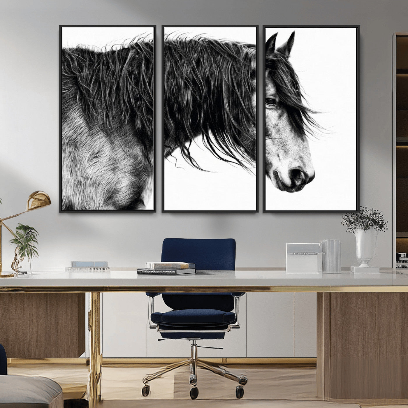 57694-MGV-CV-36X24-Horse Portrait Wall Art – Black and White Canvas Print with Detailed Stallion Profile, Rustic Farmhouse Equestrian Artwork for