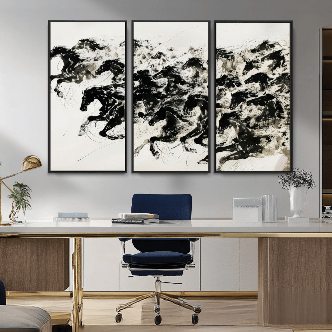 23069-MGV-CV-36X24-Galloping Horses Wall Art – Black Ink Painting on Canvas, Dynamic Equestrian Artwork with Running Stallions, Expressive Modern