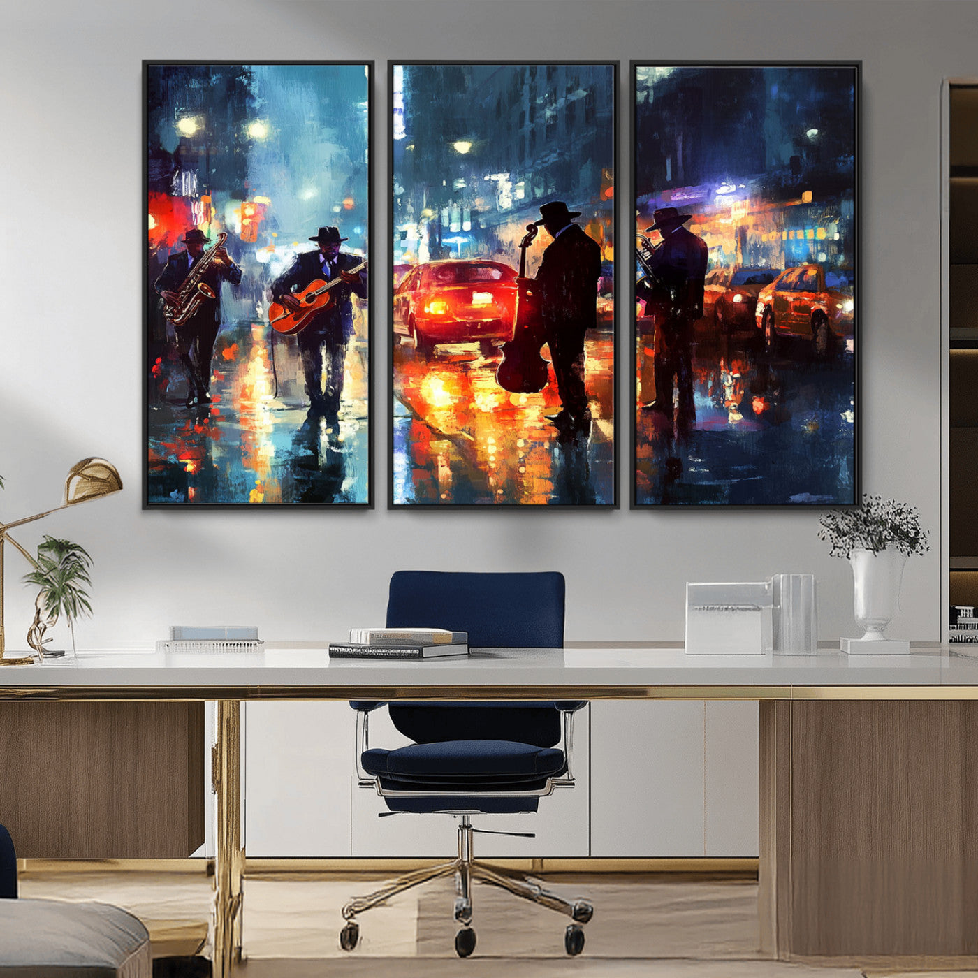 94605-MGV-CV-36X24-City Jazz Night Wall Art – Vibrant Music Canvas Print Featuring Saxophone, Guitar and Bass Players, Urban Street Scene Artwork for