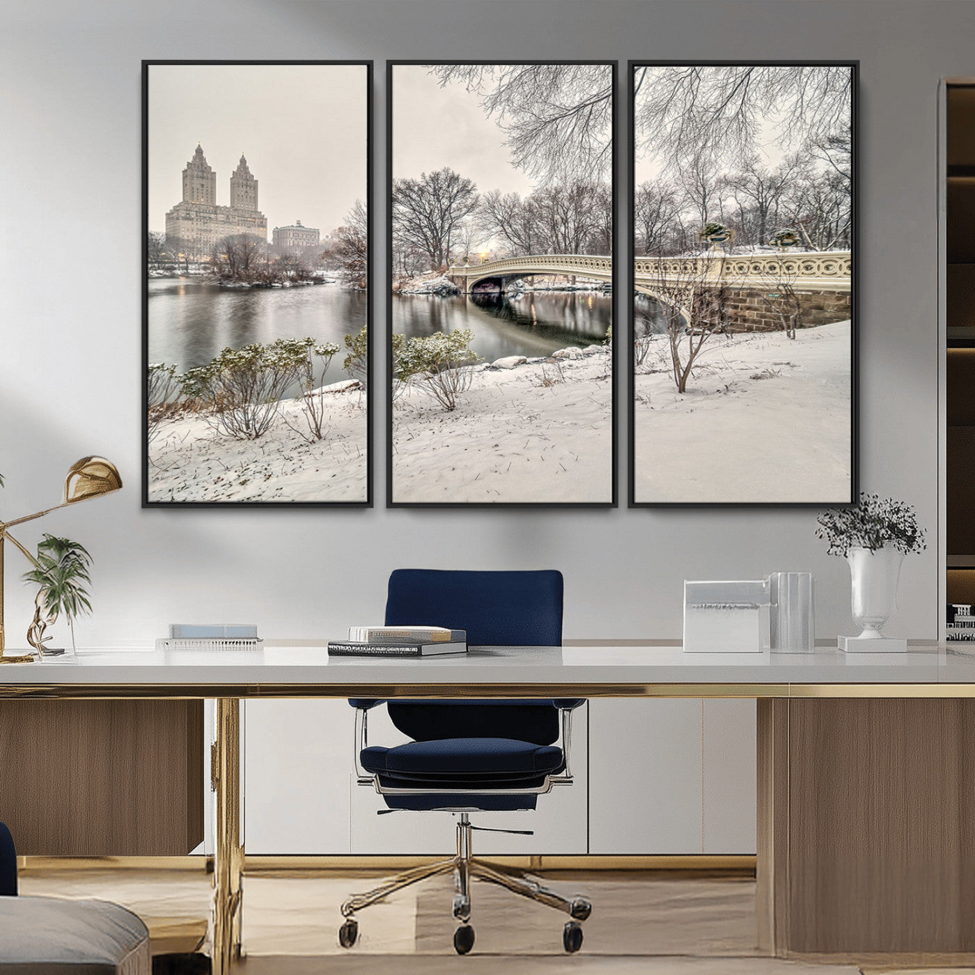 60292-MGV-CV-36X24-Central Park Winter Wall Art – Snowy Bow Bridge Canvas Print, Scenic New York City Landscape Photography for Living Room, Bedroom