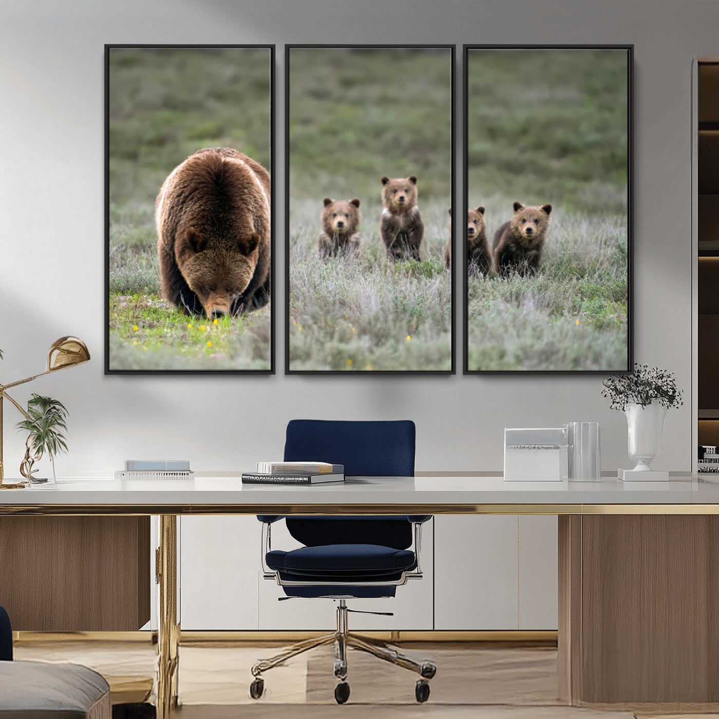 65087B-MGV-CV-36X24-Bear Family Wall Art – Wildlife Canvas Print Featuring Mother Bear with Cubs in Nature, Rustic Animal Artwork for Living Room,