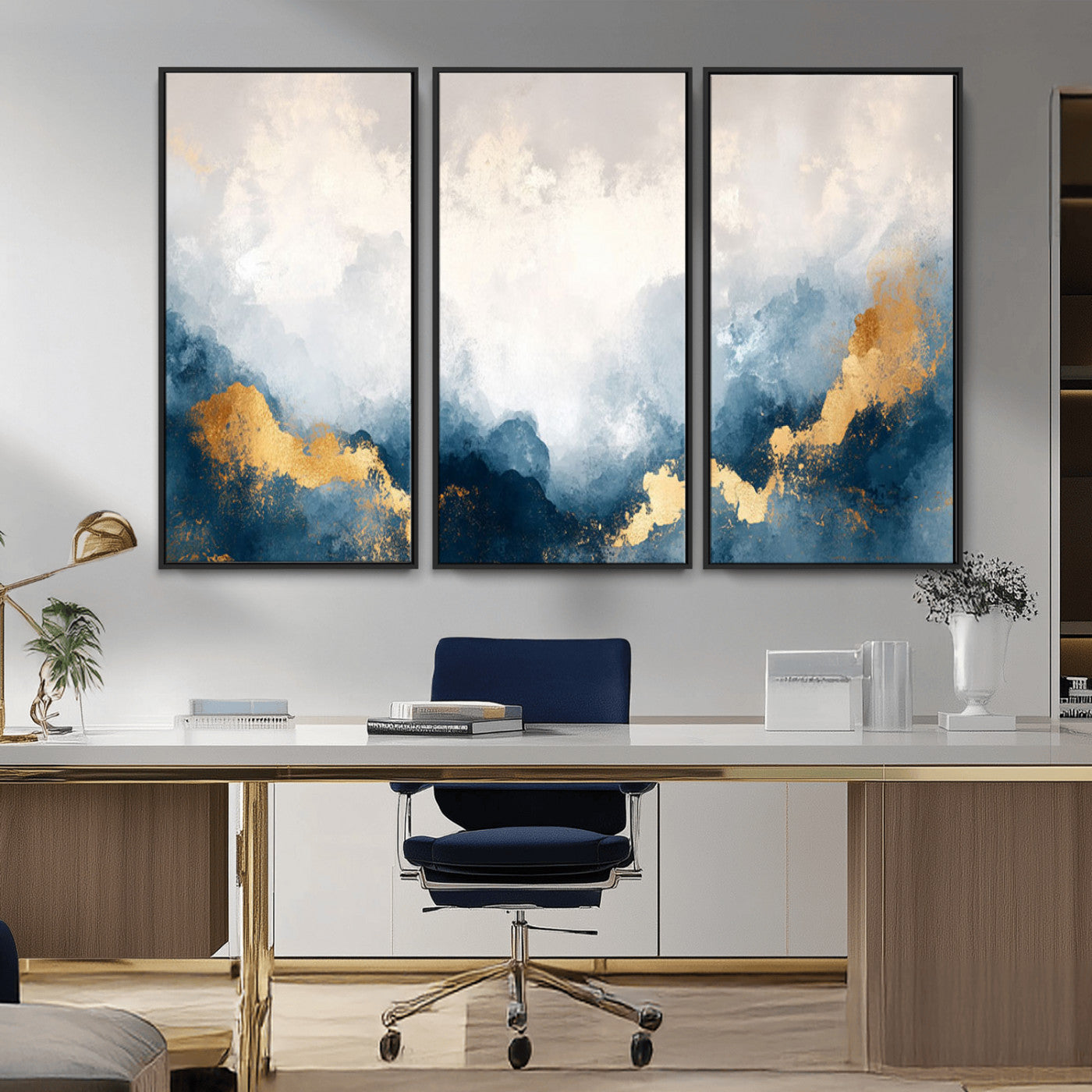 14578-MGV-CV-36X24-Abstract Wall Art – Modern Canvas Print Featuring Blue and White Clouds with Golden Accents, Contemporary Elegant Artwork for