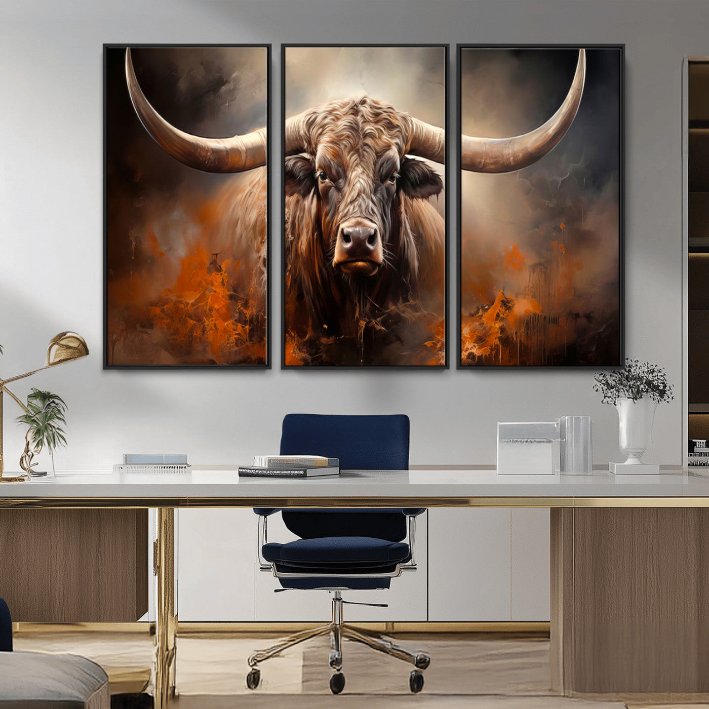 240479-MGV-CV-36X24-Longhorn Bull Wall Art – Dramatic Western Canvas Print Featuring Horned Bull with Fiery Background, Rustic Farmhouse Artwork for