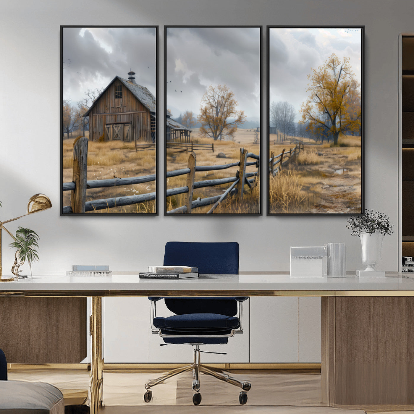 Farm1-MGV-CV-36X24-Rustic Autumn Farmhouse Wall Art – Serene Countryside Scene Canvas Print, Weathered Barn and Autumn Trees Decor for Living Room,