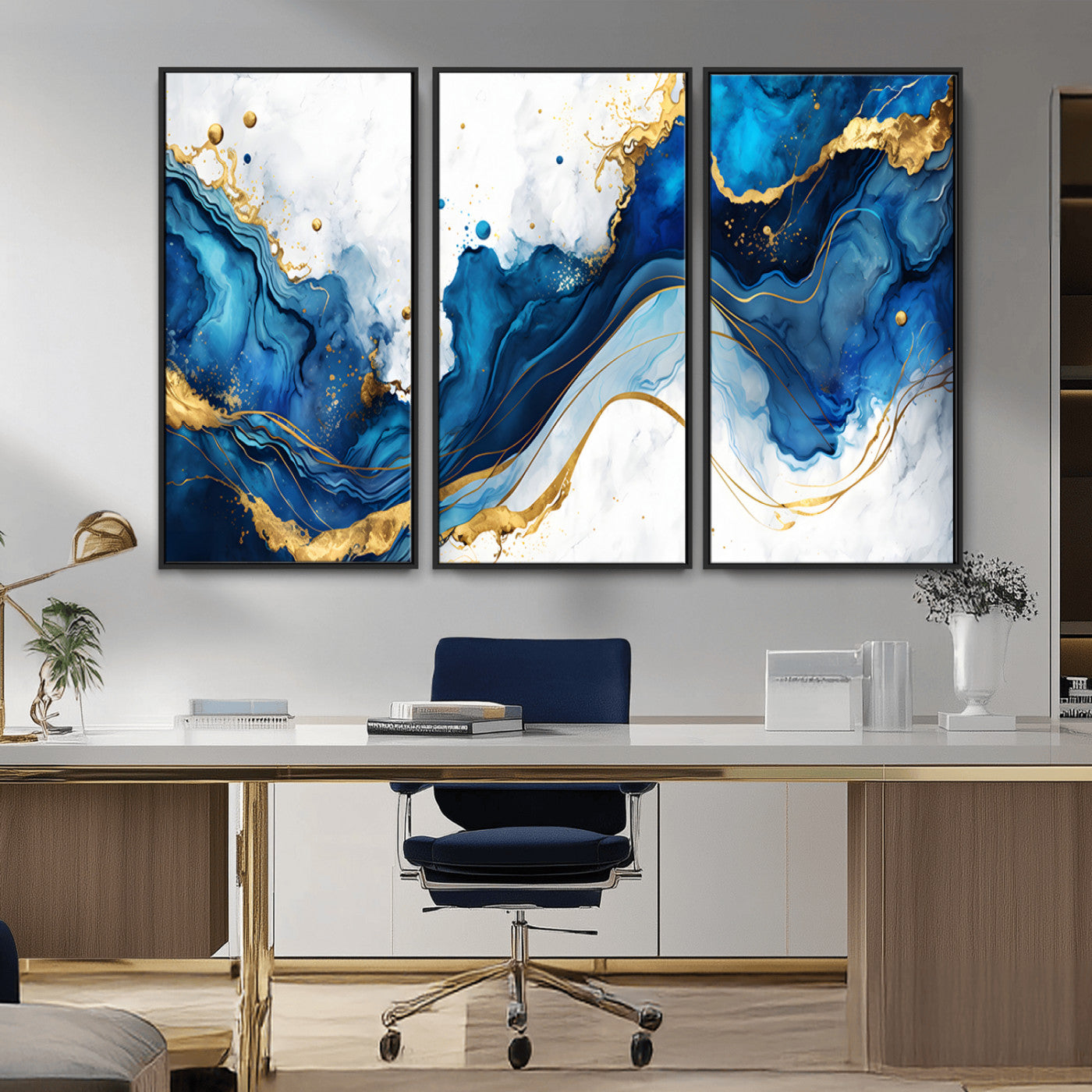 33506371-MGV-CV-36X24-Blue Marble Wall Art Canvas Print, Framed Gold Splash Art Picture Print, Abstract Wave Perfect Modern Luxe Decor Artwork