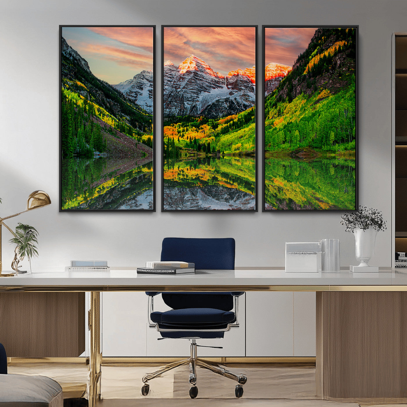 59533484-MGV-FC-48X32-3P_Black-Maroon Bells Autumn Wall Art – Panoramic Mountain Landscape Canvas Print, Sunset Reflection Nature Artwork for Living Room, Office