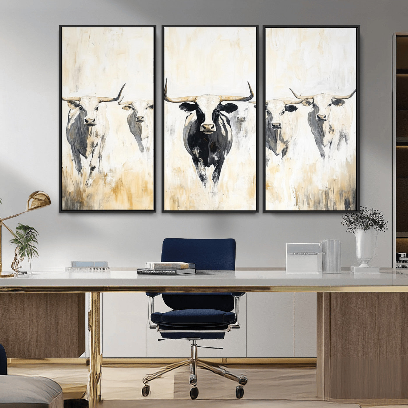 40397799-MGV-CV-36X24-Texas Longhorn Wall Art Canvas Print, Framed Rustic Herd Art Picture Print, Western Bull Perfect Neutral Western Decor Artwork