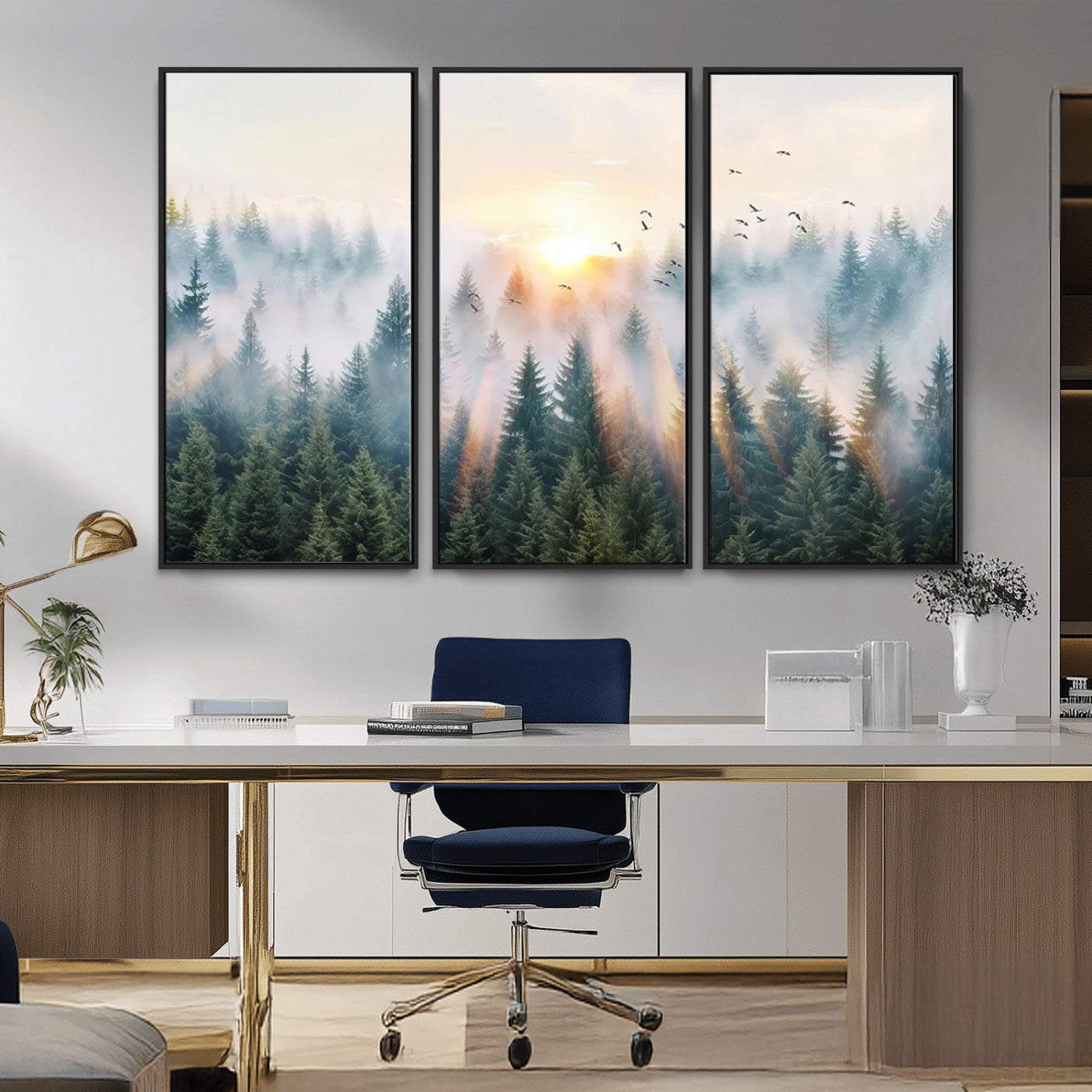 92718976-MGV-FC-48X32-3P_Black-Misty Forest Wall Art Canvas Print, Framed Sunrise Pines Art Picture Print, Foggy Woodland Perfect Moody Woodland Decor Artwork