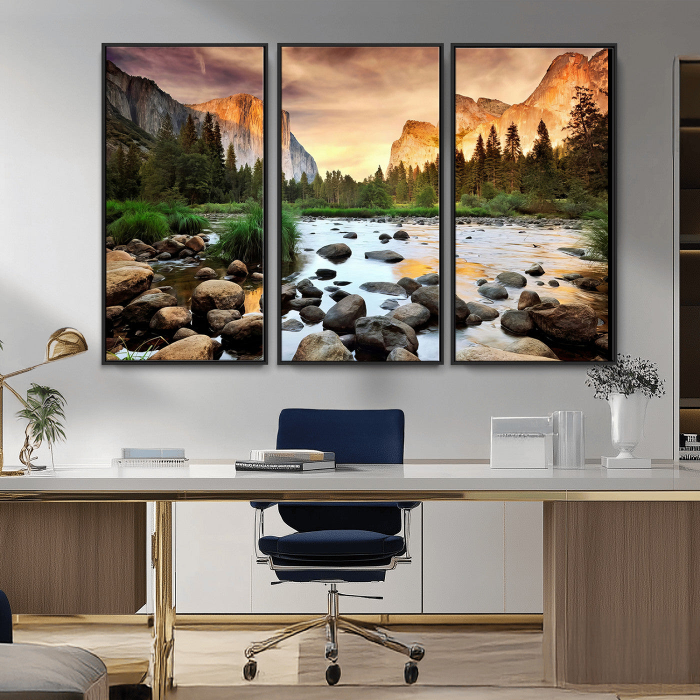 90956031-MGV-FC-48X32-3P_Black-Yosemite Valley Wall Art – Scenic Mountain River Landscape Canvas Print, Nature Photography for Living Room, Bedroom, Cabin,