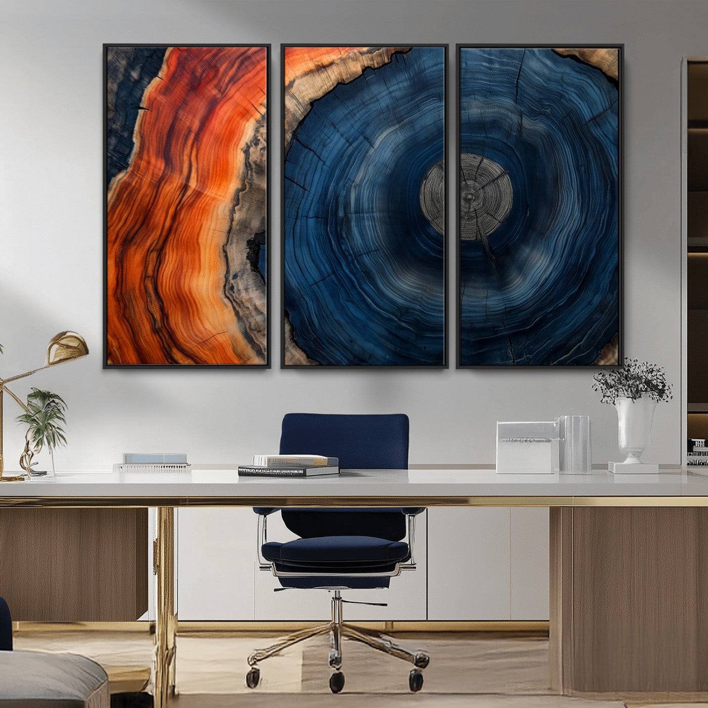99491700-MGV-CV-36X24-Tree Ring Canvas Wall Art – Blue Orange Abstract Wood Grain Print, Rustic Modern Nature Artwork for Living Room, Office, Bedroom