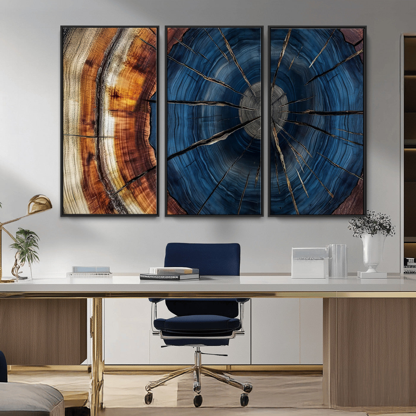 60099360-MGV-CV-36X24-Blue Tree Ring Wall Art – Rustic Wood Grain Canvas Print, Modern Abstract Artwork with Natural Texture for Living Room, Bedroom,