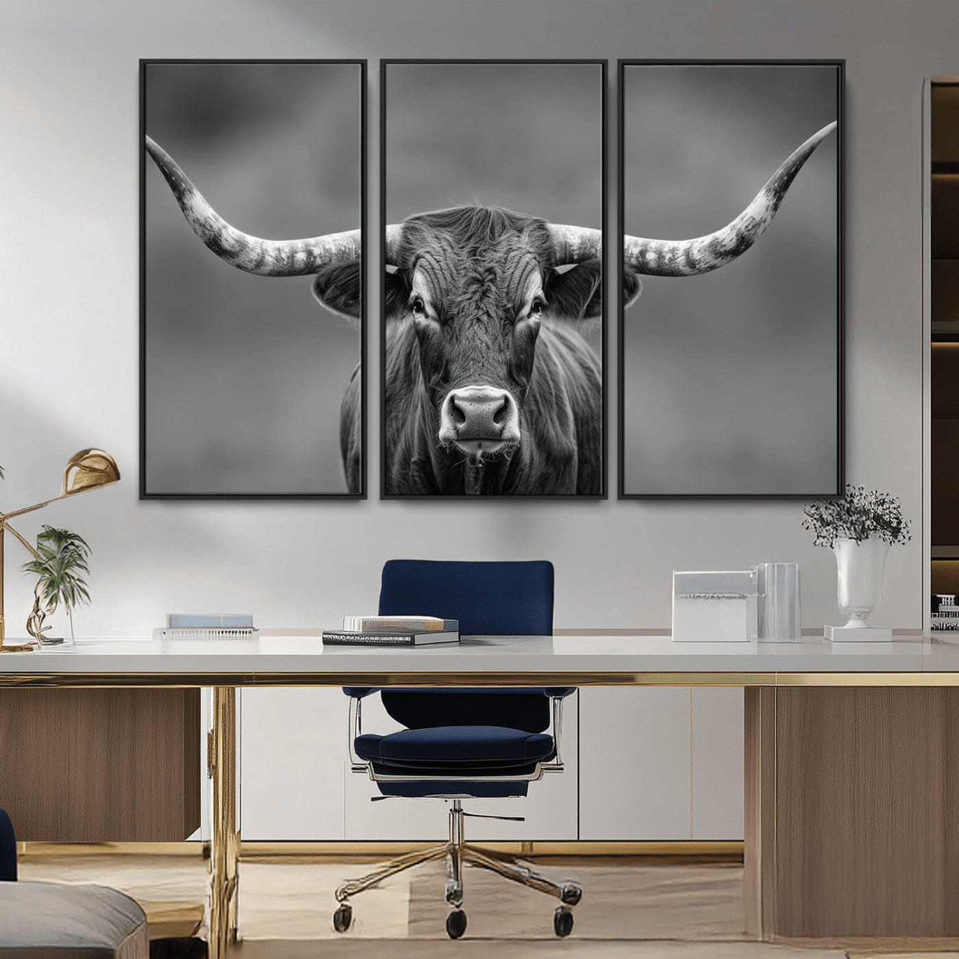 81228550-MGV-CV-36X24-Framed Texas Longhorn Bull Art Canvas Print, Western Bull Wall Art Print, Long Horn Bull Photo Print for Log Cabin, Large Bull