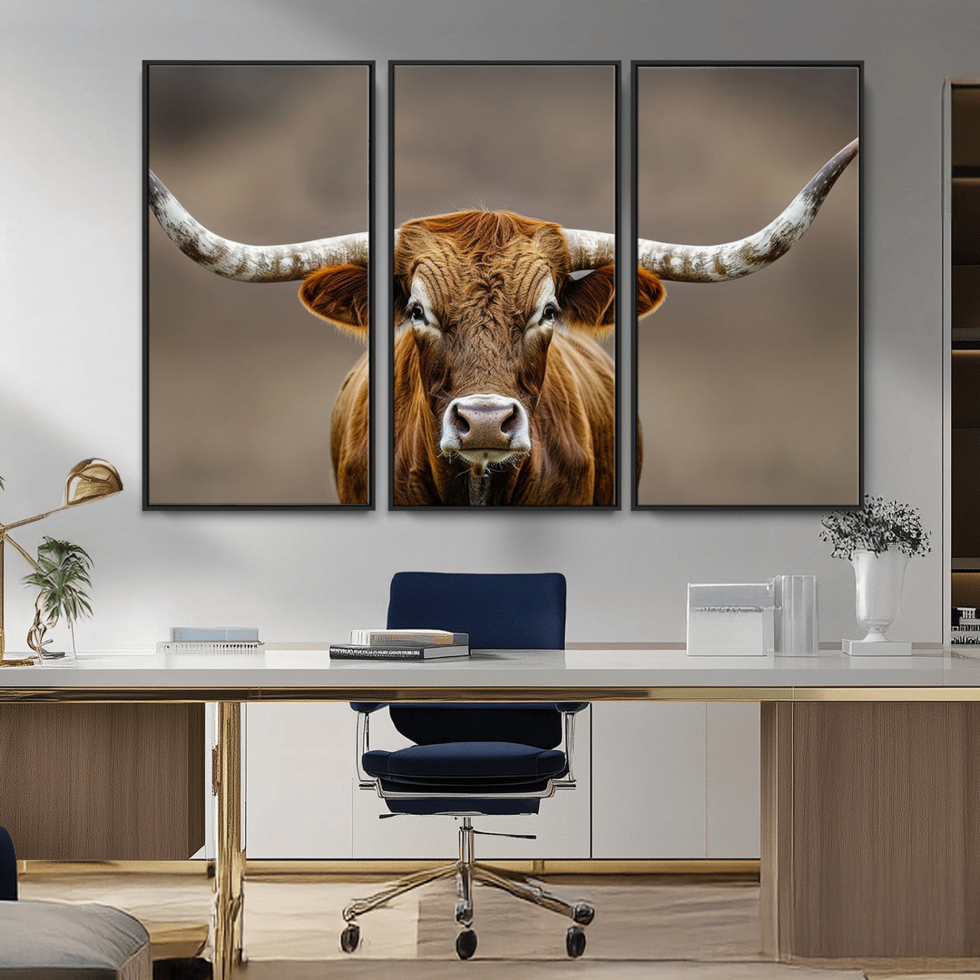12179171-MGV-CV-36X24-Texas Longhorn Wall Art Canvas Print, Framed Brown Bull Art Picture Print, Lone Cattle Perfect Rustic Western Decor Artwork