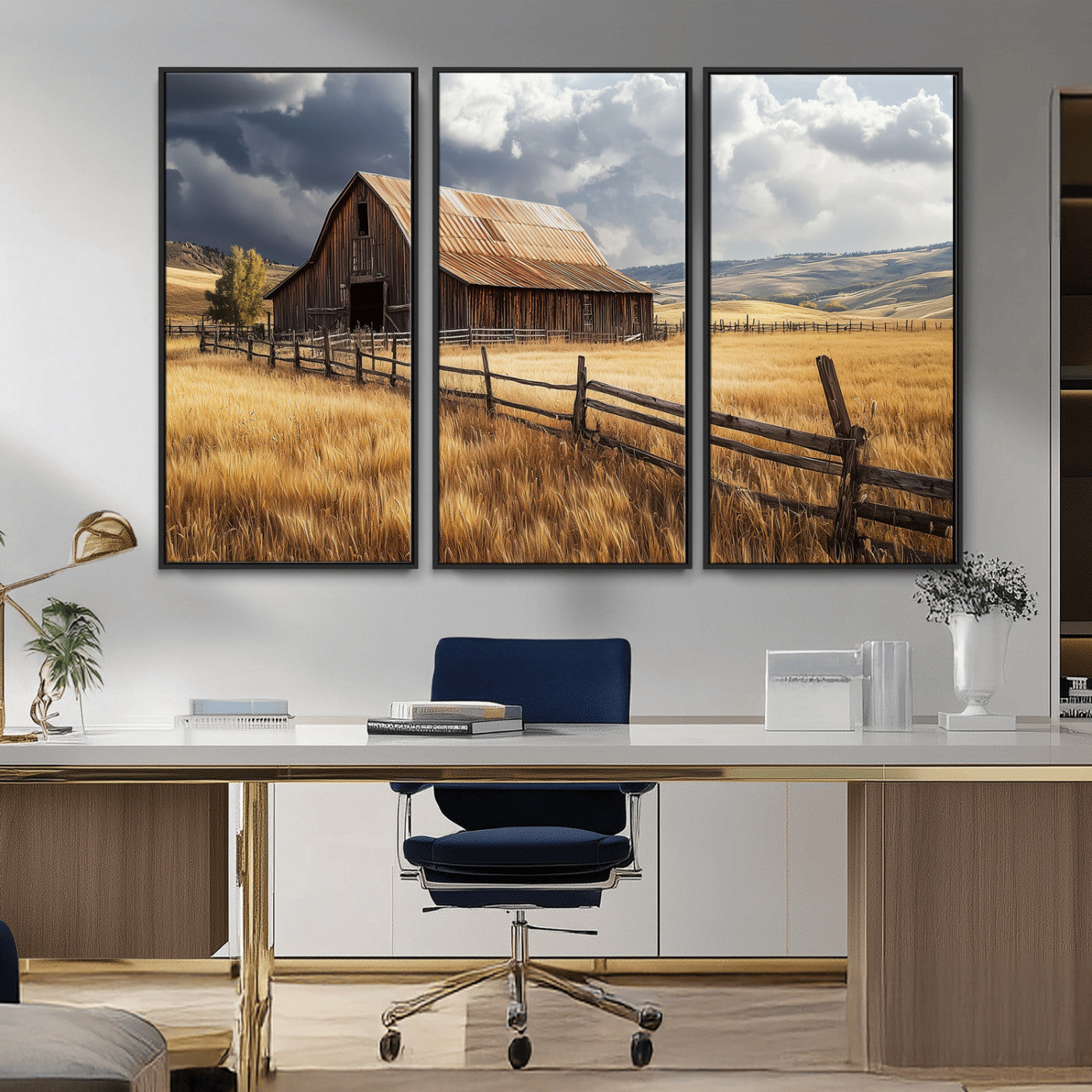 38758826-MGV-FC-48X32-3P_Black-Rustic Barn Wall Art Canvas Print, Framed Moody Barn Art Picture Print, Golden Field Perfect Rustic Farmhouse Decor Artwork