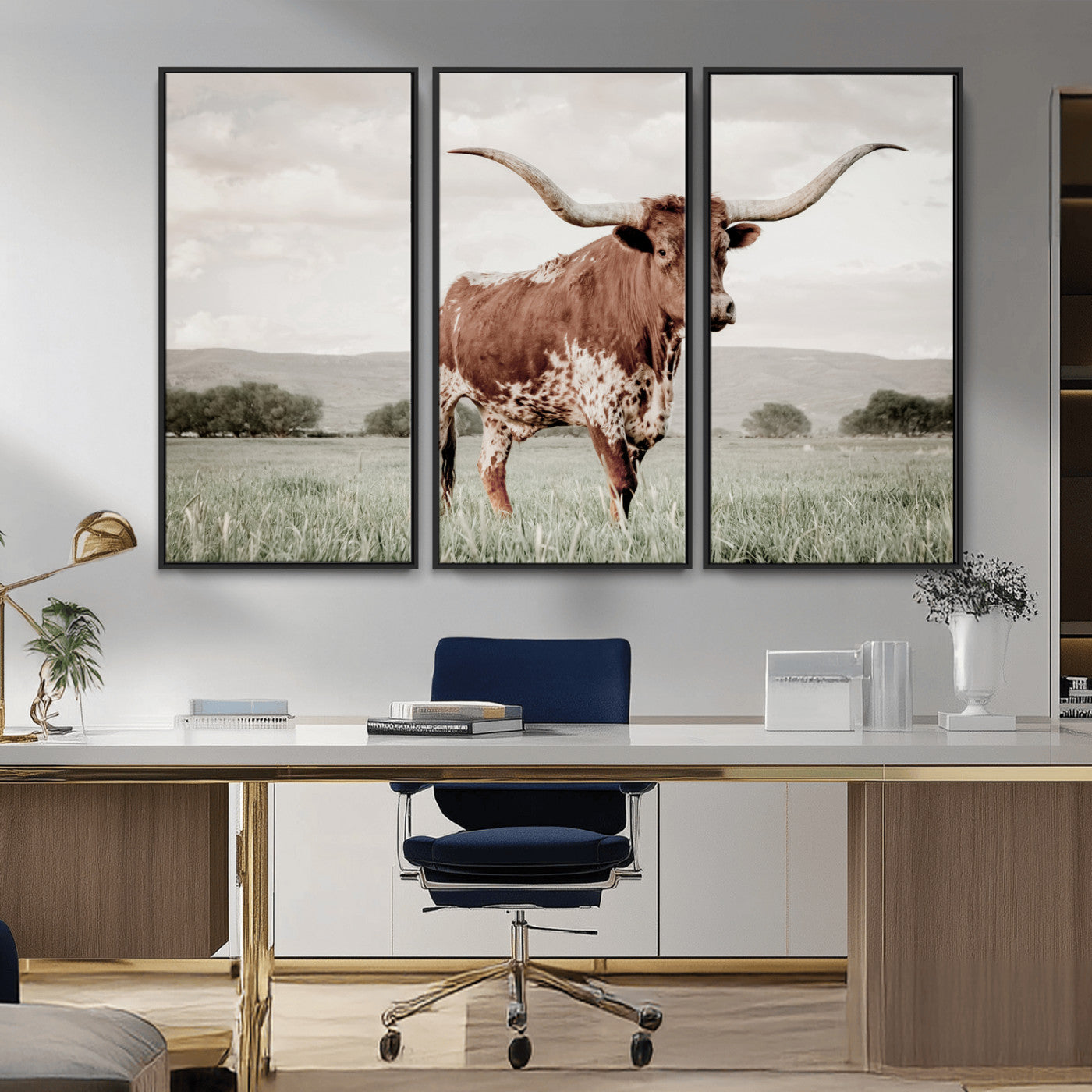 28309012-MGV-FC-48X32-3P_Black-Texas Longhorn Wall Art Canvas Print, Framed Spotted Cattle Art Picture Print, Horned Bull Perfect Rustic Western Decor Artwork