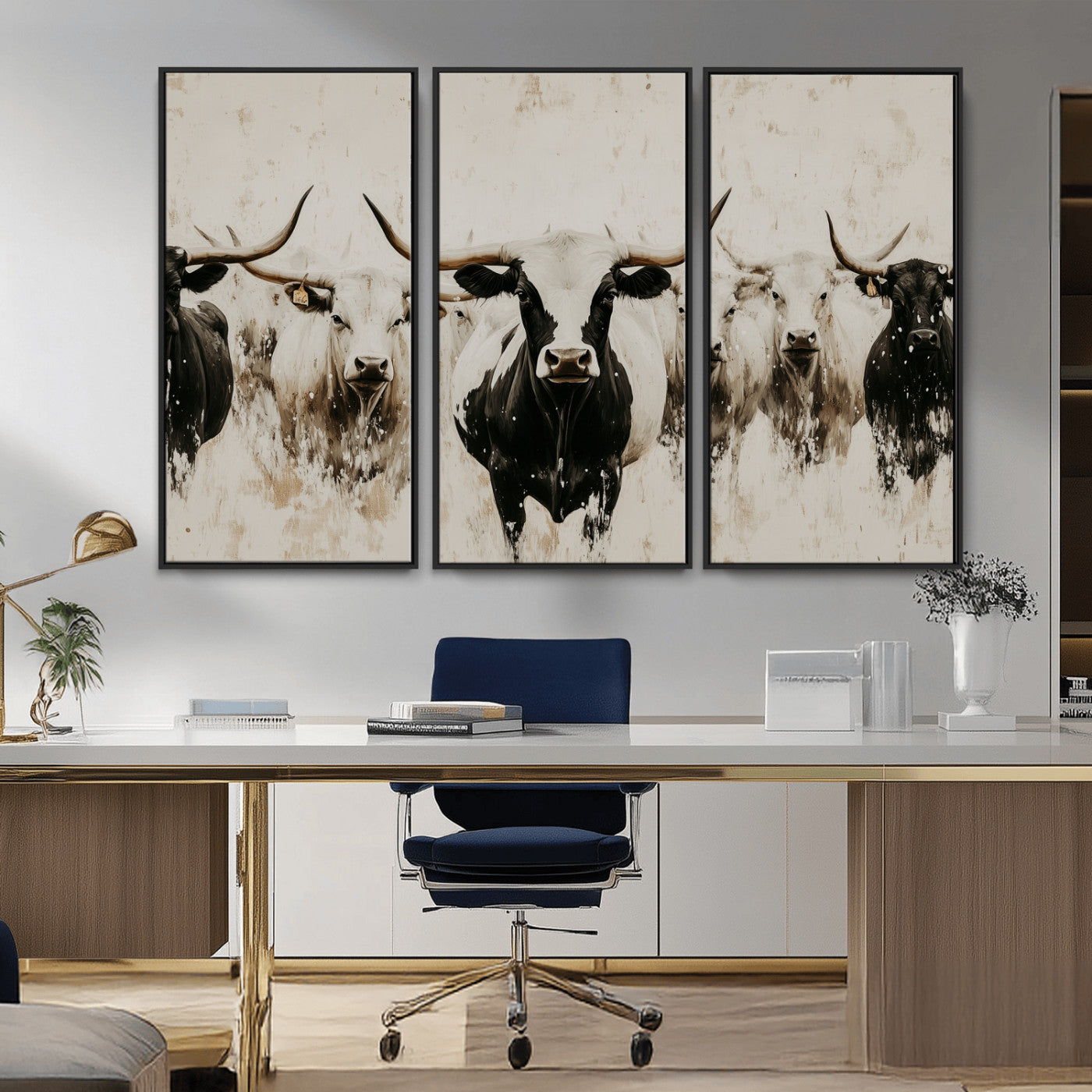 12027562-MGV-CV-36X24-Longhorn Cattle Wall Art Canvas Print, Framed Bison Herd Art Picture Print, Cattle Group Perfect Rustic Farmhouse Decor Artwork