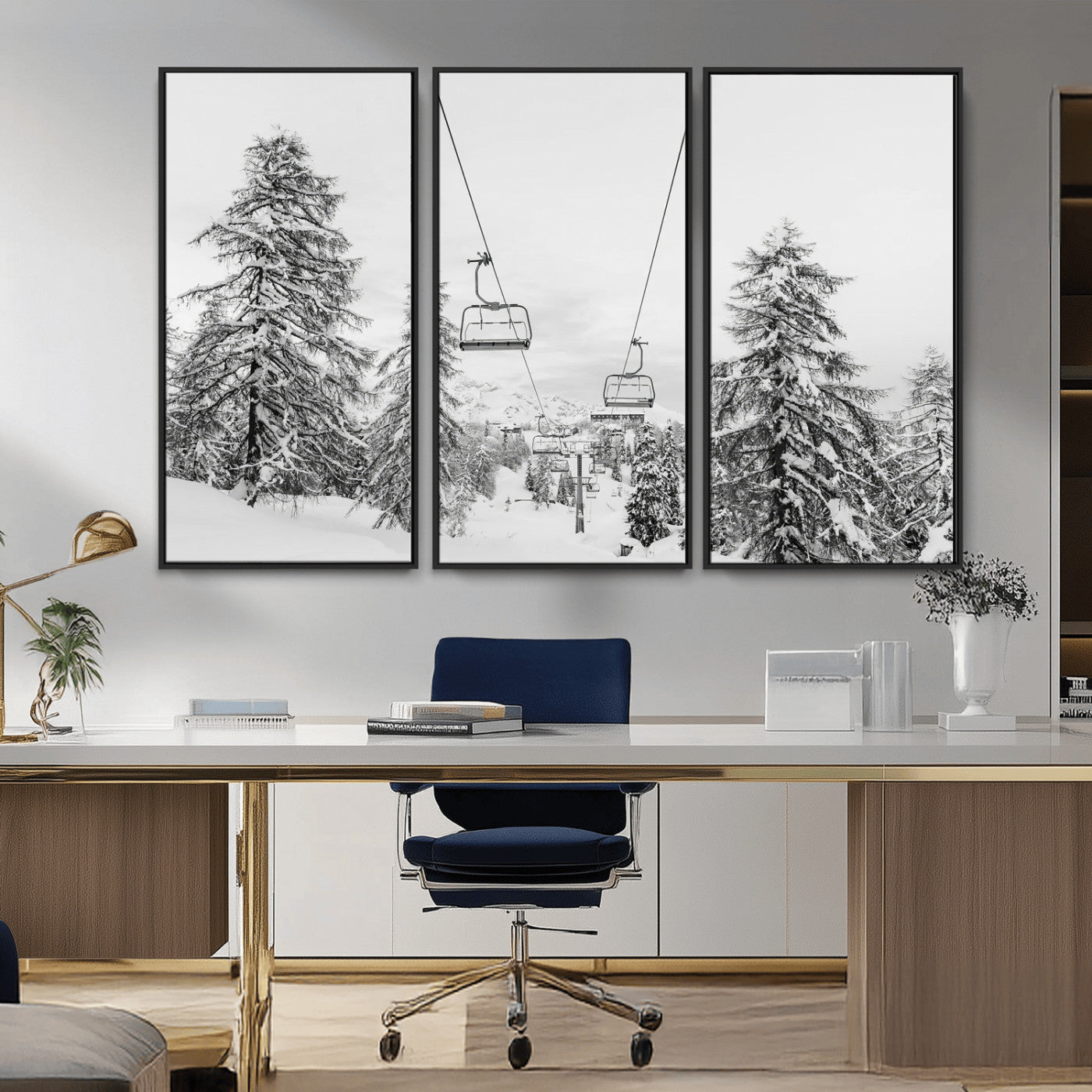 55003599-MGV-FC-48X32-3P_Black-Snowy Ski Lift Wall Art Canvas Print, Framed Winter Forest Art Picture Print, Ski lift Ride Perfect Winter Lodge Decor Artwork