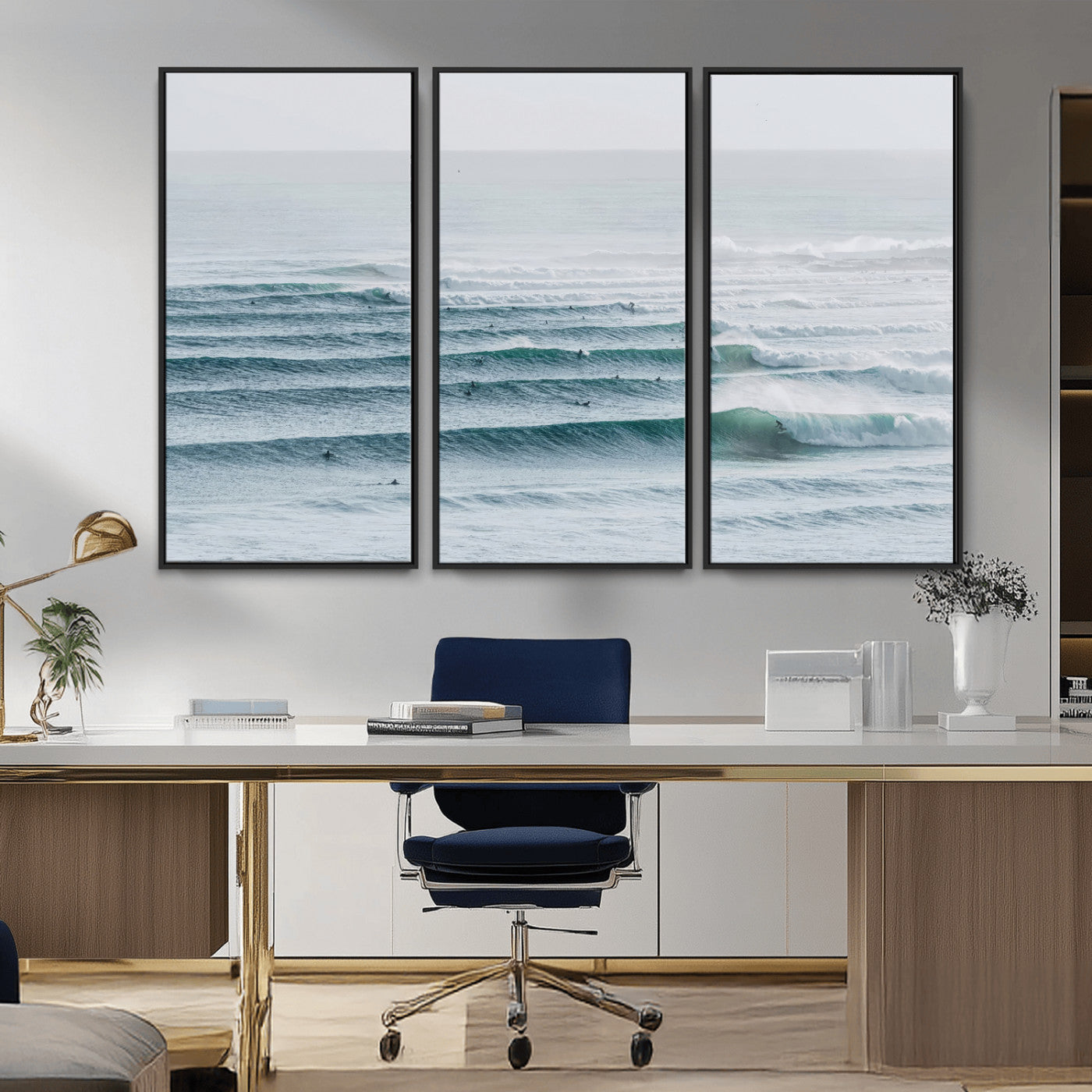 73969318-MGV-CV-36X24-Ocean Waves Wall Art Canvas Print, Framed Surfer Lineup Art Picture Print, Crowded Ocean Perfect Minimal Coastal Decor Artwork