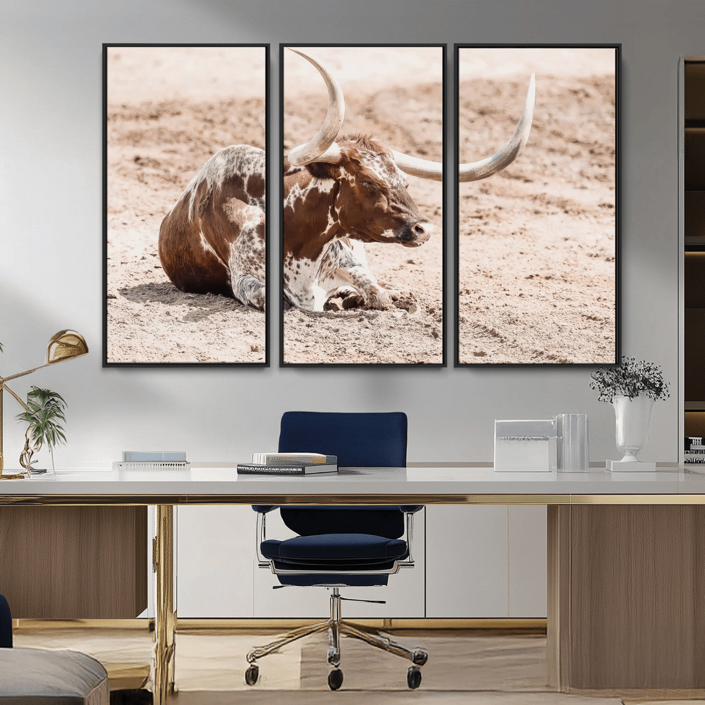 25407592-MGV-CV-36X24-Texas Longhorn Wall Art Canvas Print, Framed Resting Bull Art Picture Print, Spotted Cattle Perfect Rustic Western Decor Artwork