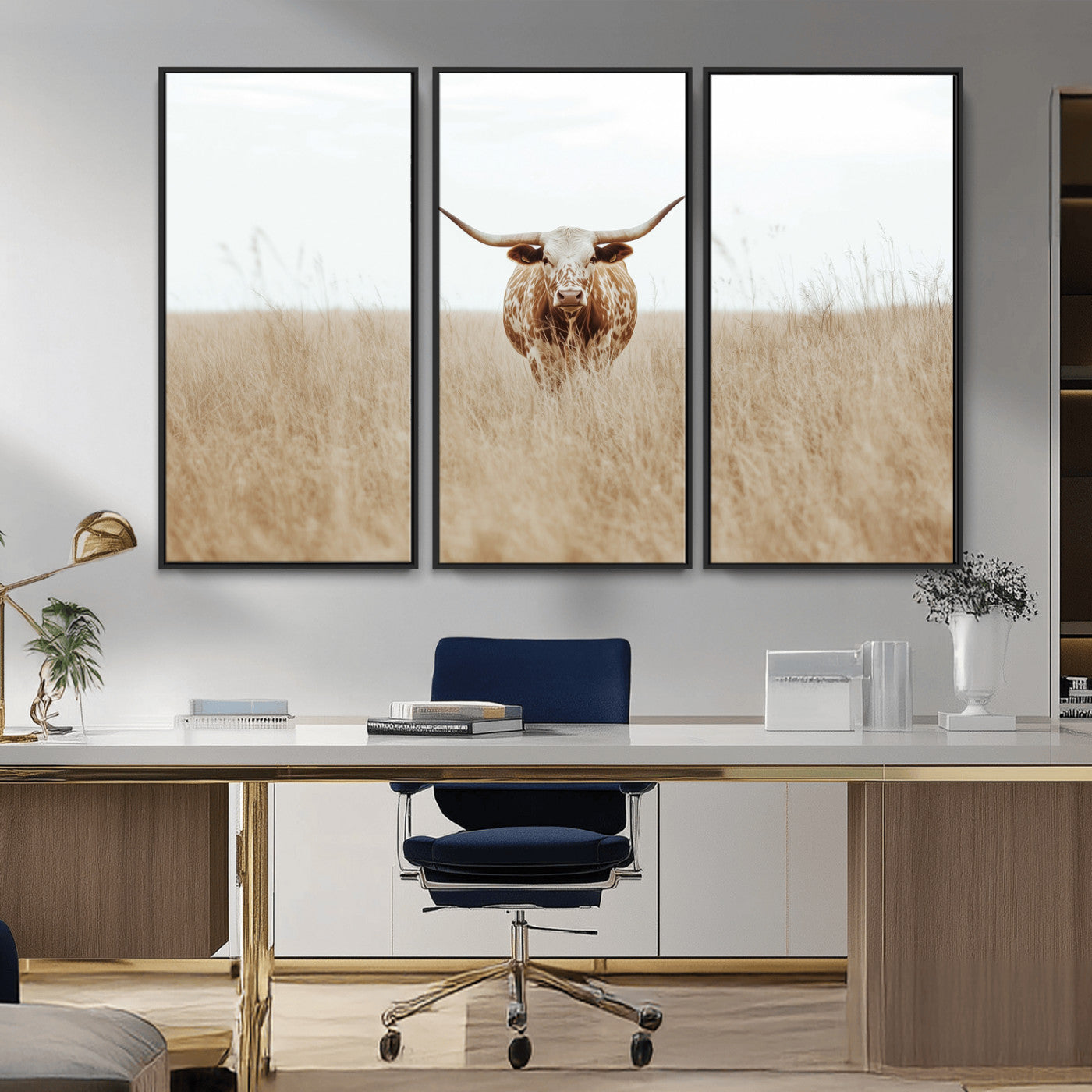 20927060-MGV-CV-36X24-Texas Longhorn Wall Art Canvas Print, Framed Lone Cattle Art Picture Print, Longhorn Bull Perfect Rustic Western Decor Artwork