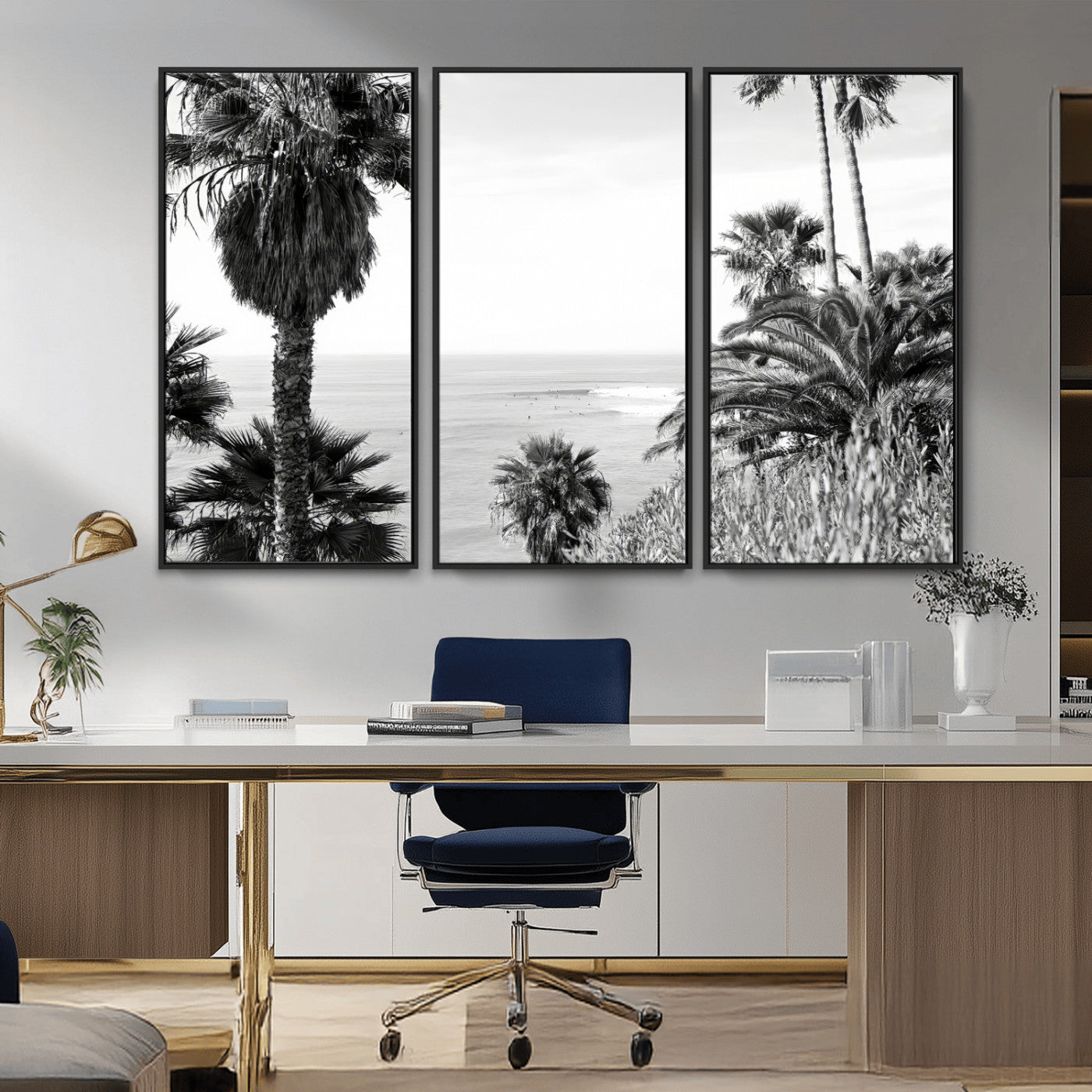 89458520-MGV-CV-36X24-Palm Trees Wall Art Canvas Print, Framed Coastal View Art Picture Print, Ocean Horizon Perfect Monochrome Coast Decor Artwork