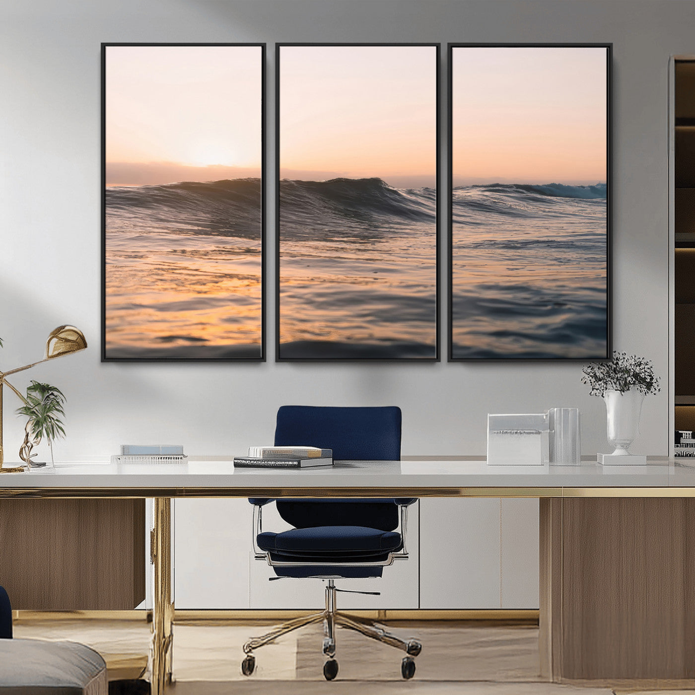 46299358-MGV-CV-36X24-Sunset Waves Wall Art Canvas Print, Framed Ocean Horizon Art Picture Print, Golden Water Perfect Golden Hour Coastal Decor Artwork